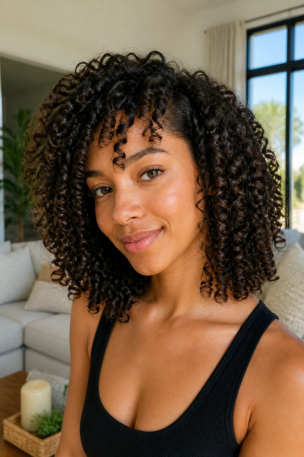 Portrait of a real woman with defined wash-and-go curls and diffused lift in bright room light.