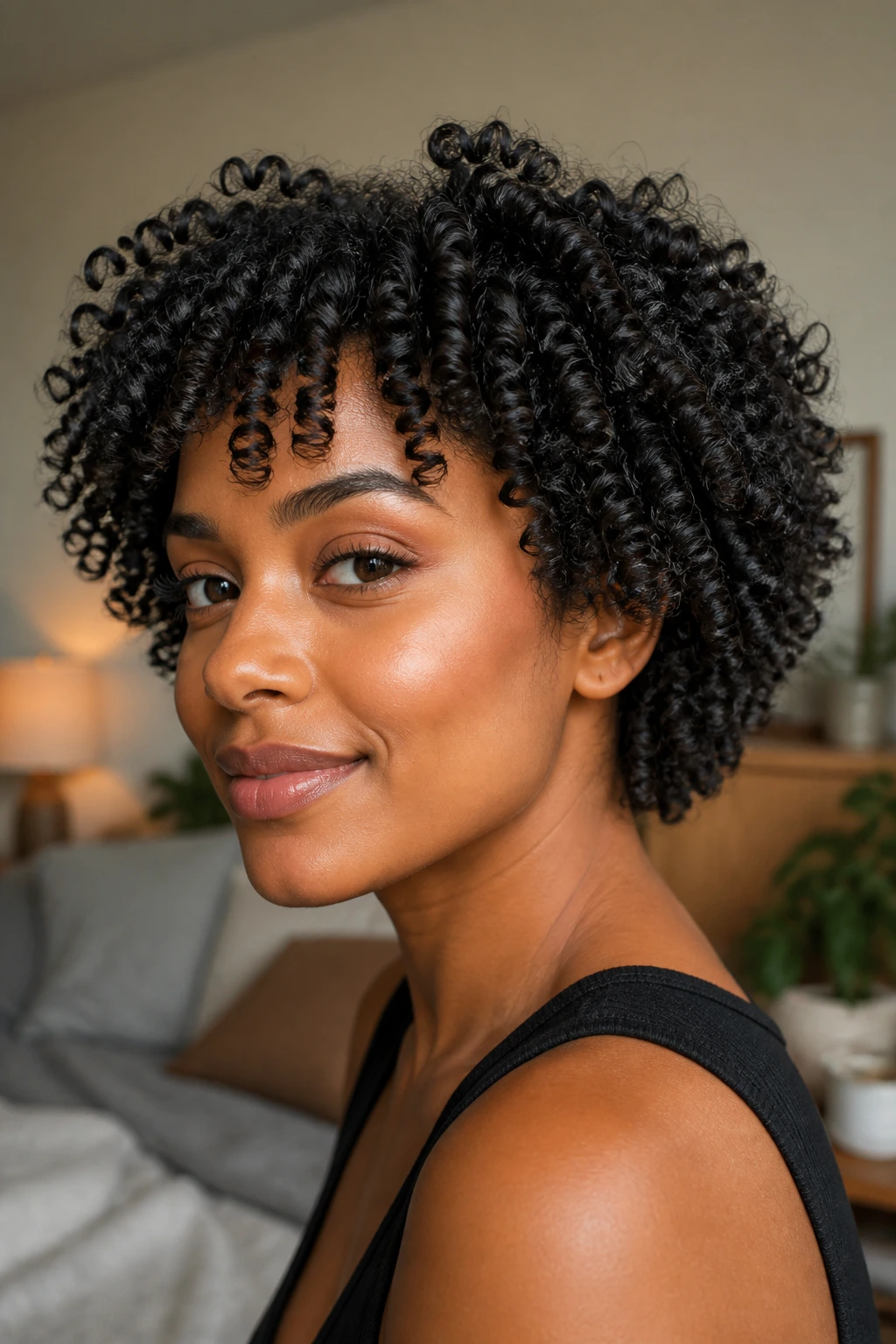 Close-up portrait of a real woman with wash-and-go curls showing a defined curl cast