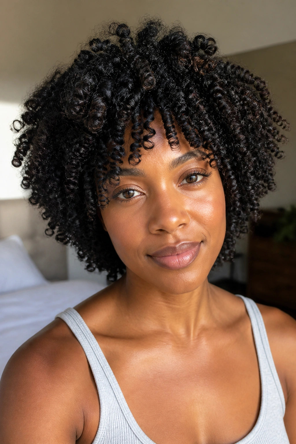 Close-up of a real person with defined tight curls in a wash-and-go.