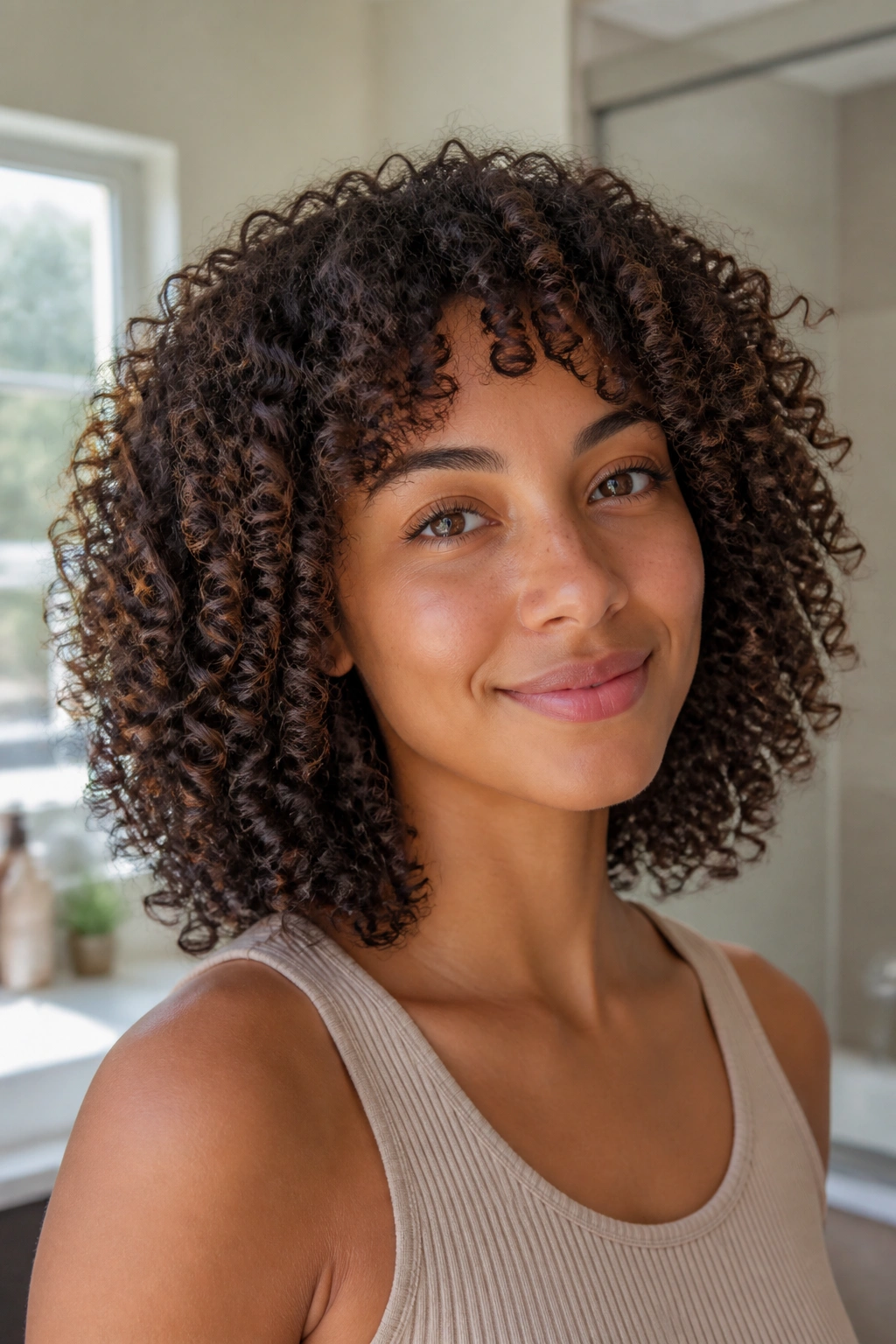 Close-up portrait of a real woman with wash-and-go curls in bright bathroom light