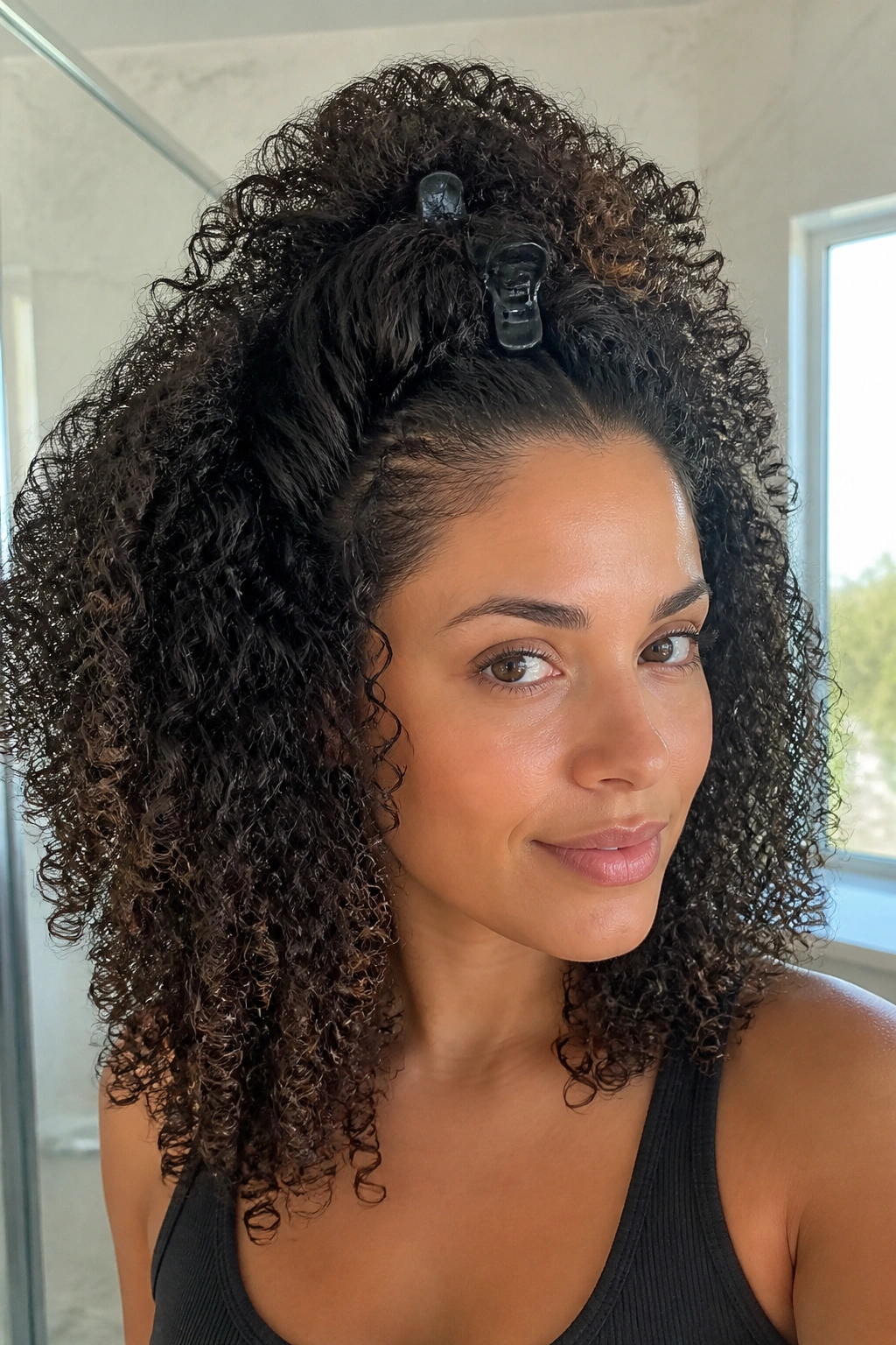 Close-up of a woman with diffused wash-and-go curls and root clips