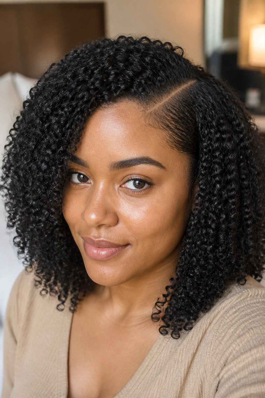 Close-up of a real woman with a defined wash-and-go and clean side part.
