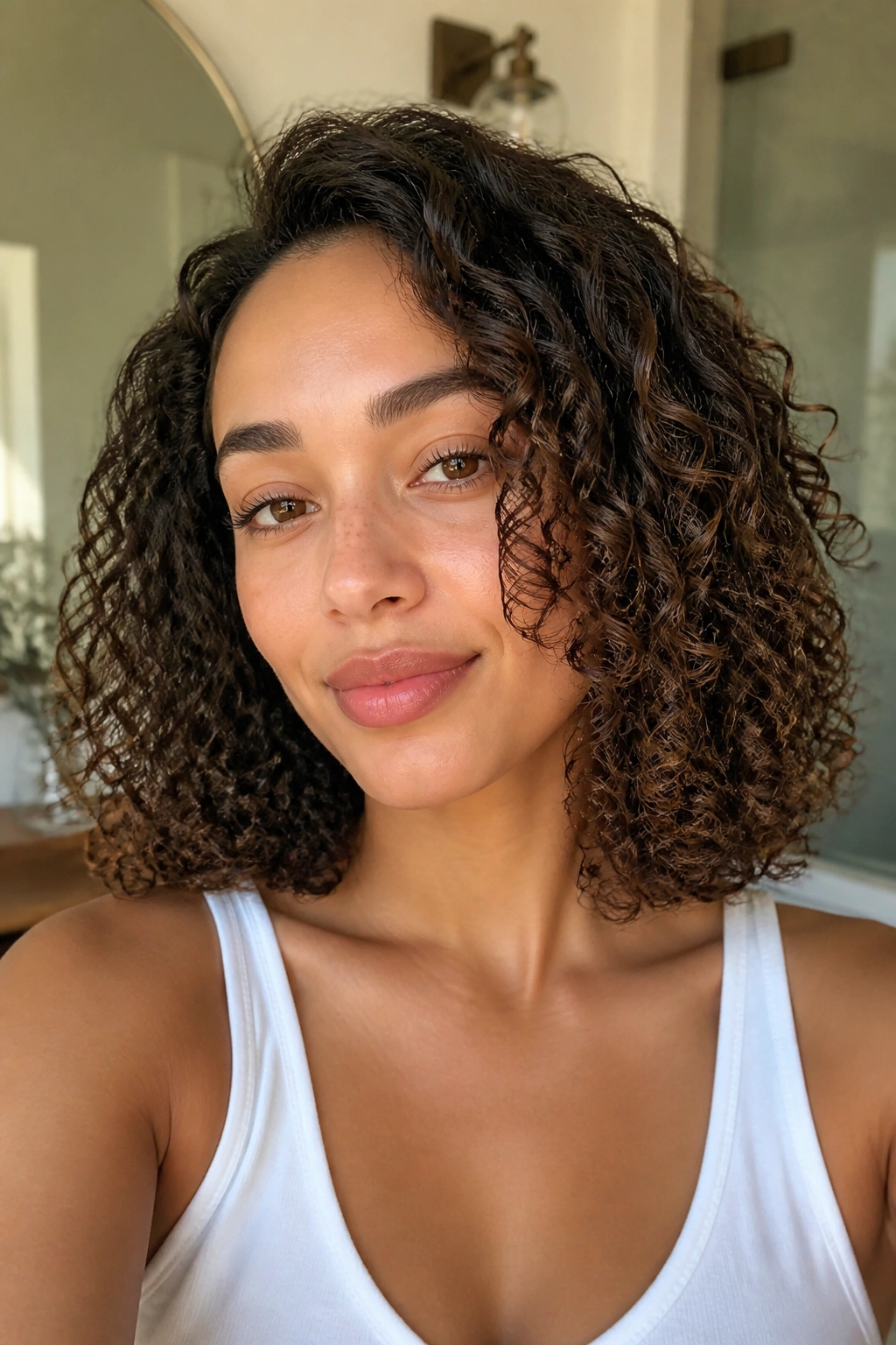 Close-up portrait of a real person with a wash-and-go curly lob