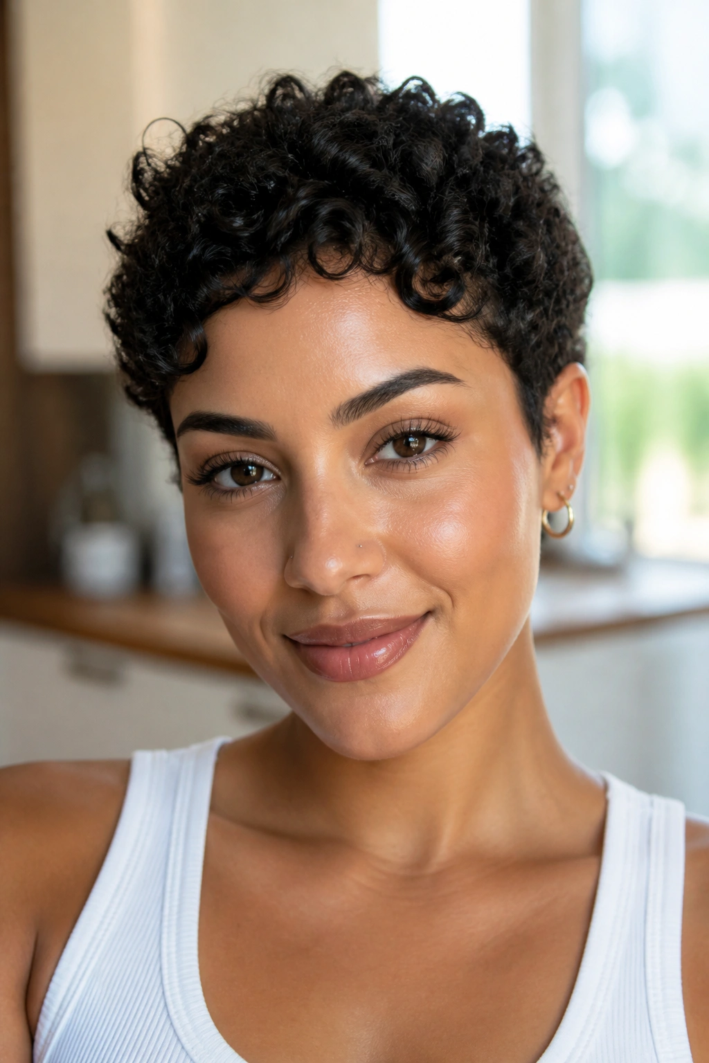 Close-up of a real woman with wash-and-go curly pixie in a sunlit kitchen
