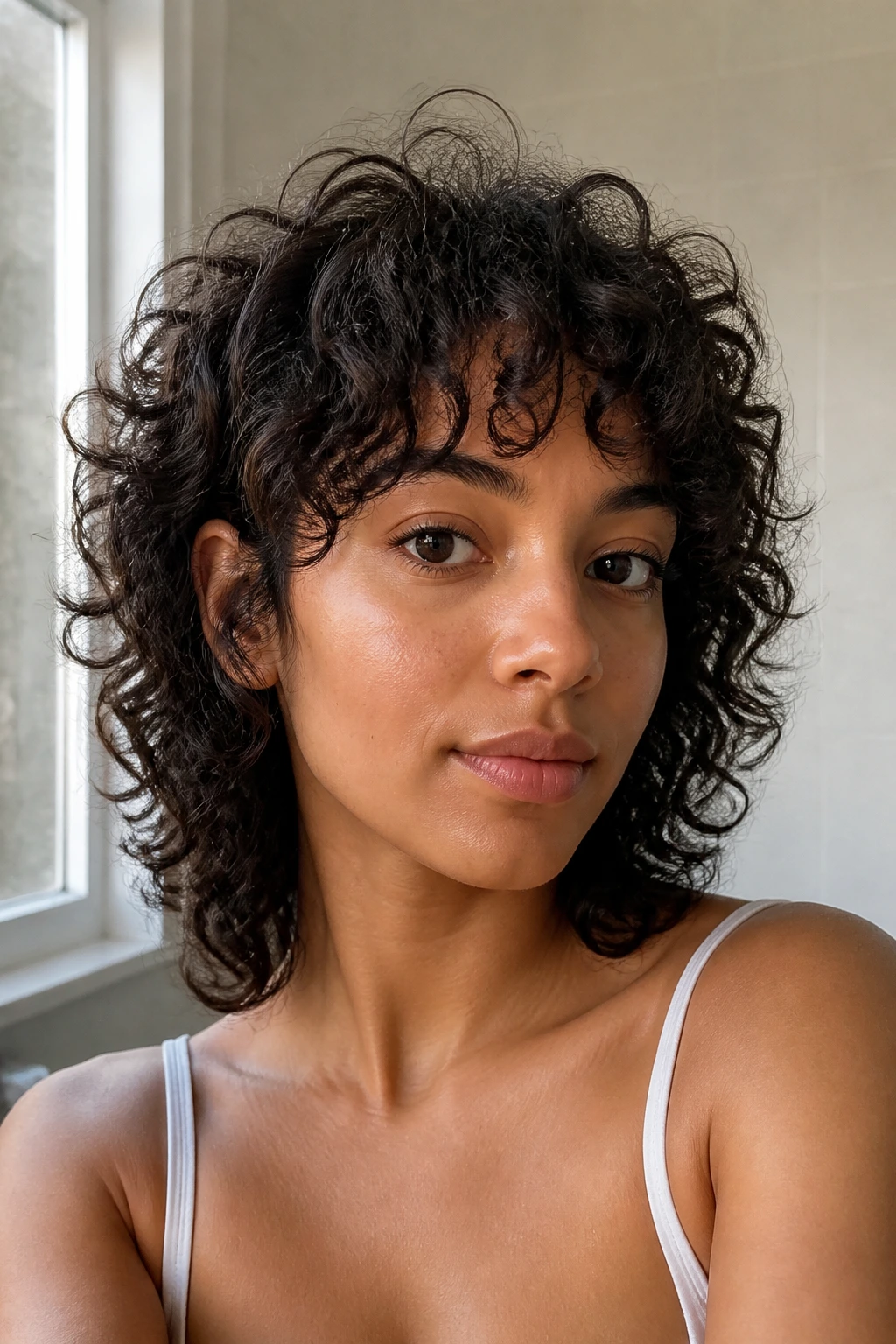 Close-up portrait of a real woman with a wash-and-go curly shag and soft layers
