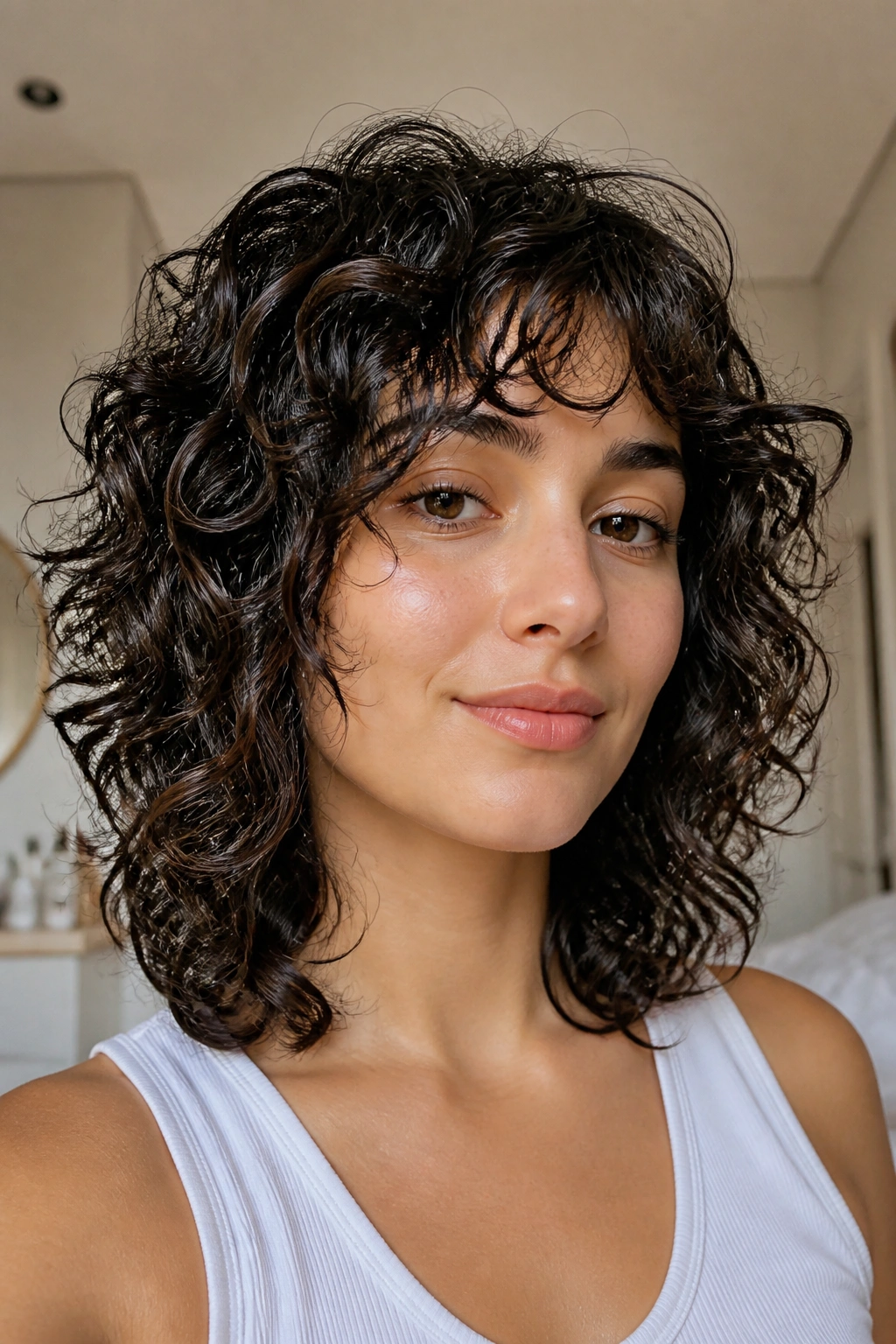 Close-up portrait of a real person with wash-and-go curly shag and natural curls.