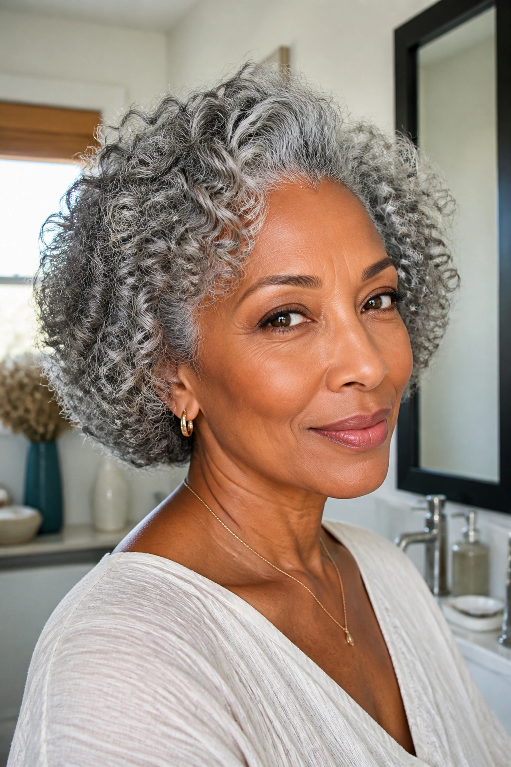 Close-up portrait of a real mature woman with natural gray curls and wash-and-go texture.
