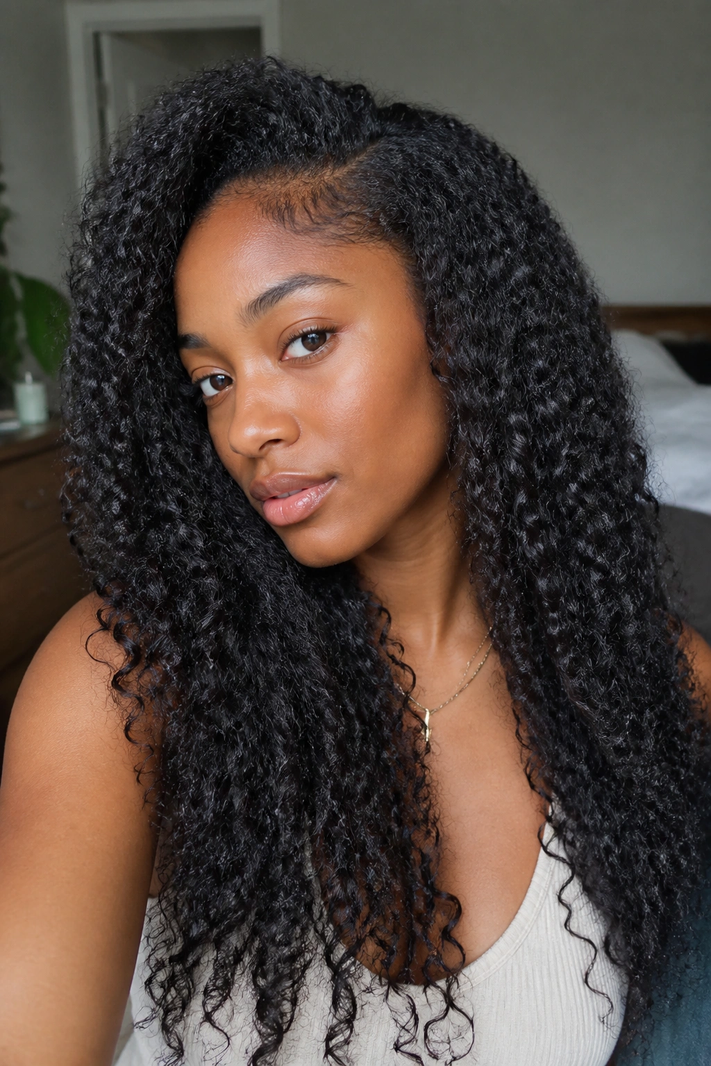 Close-up of long natural hair with defined curls in soft daylight