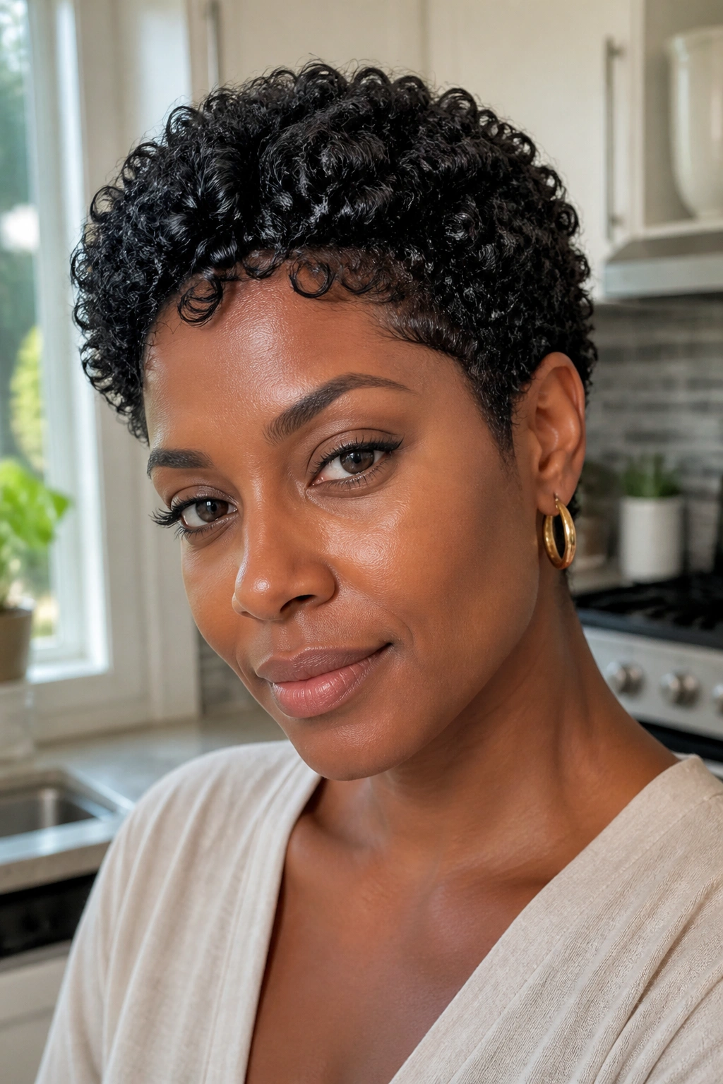 Close-up portrait of a Black woman with a wash-and-go pixie