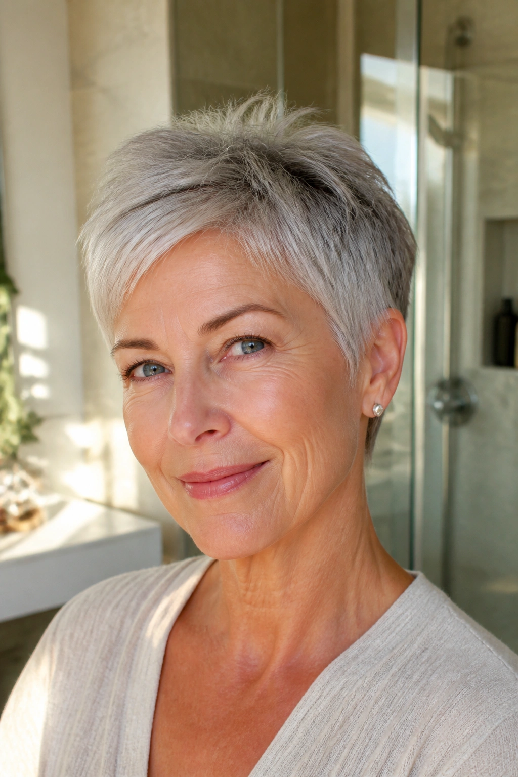 Close-up of a real woman with a wash-and-go pixie in a sunlit home bathroom.