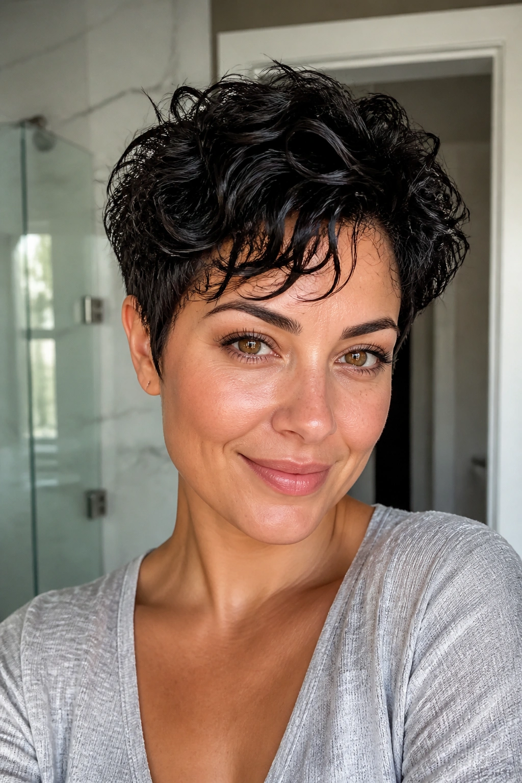 Close-up portrait of a real woman with a wash-and-go pixie for thick hair in natural light.