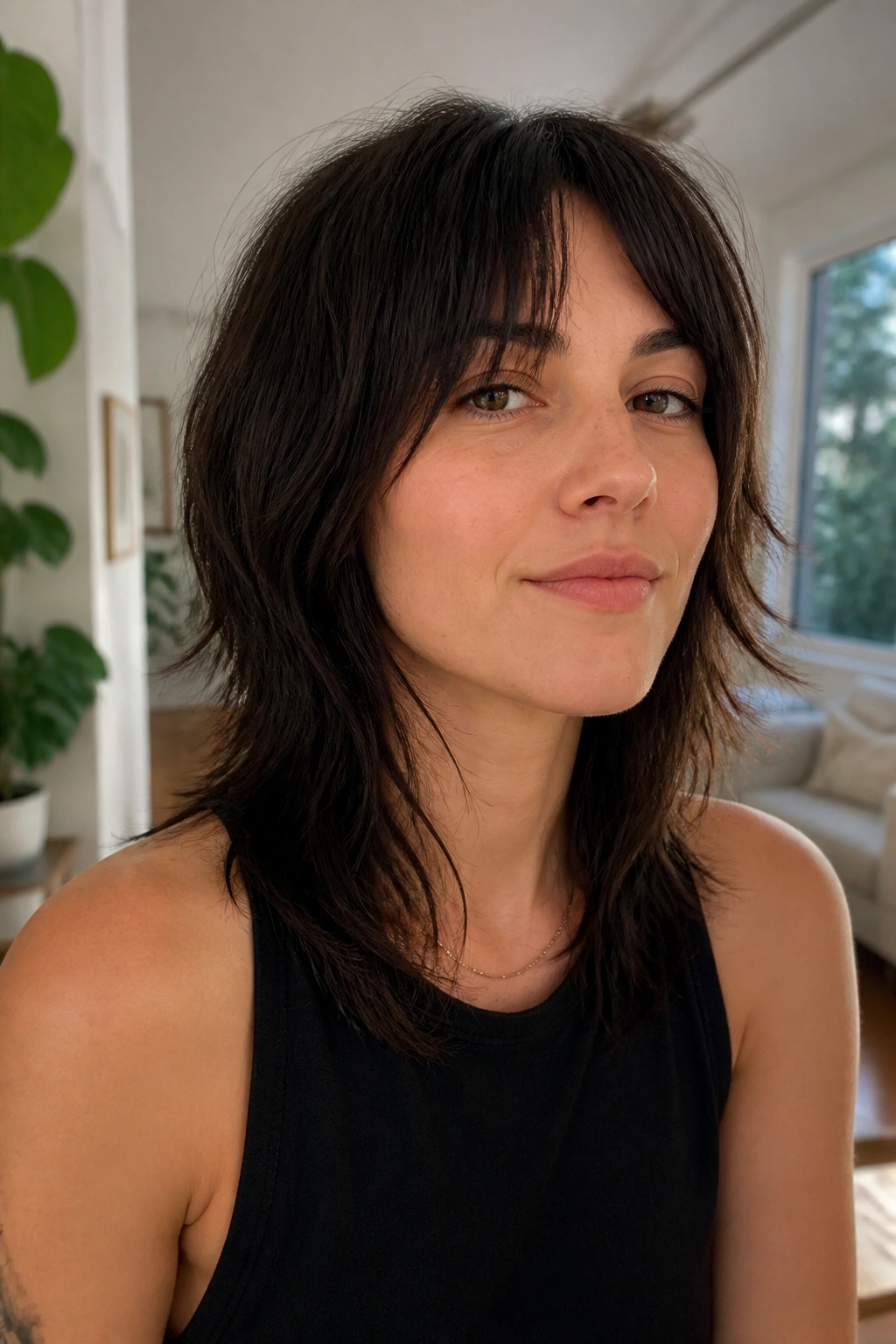 Close-up of a woman with a wash-and-go shag on straight hair, effortless style.