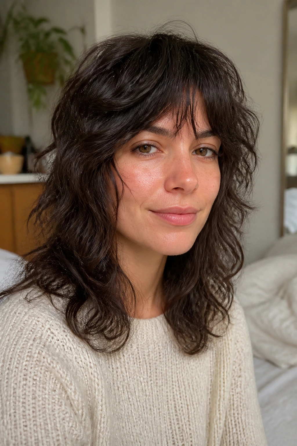 Close-up portrait of a real woman with a wash-and-go shag in natural light