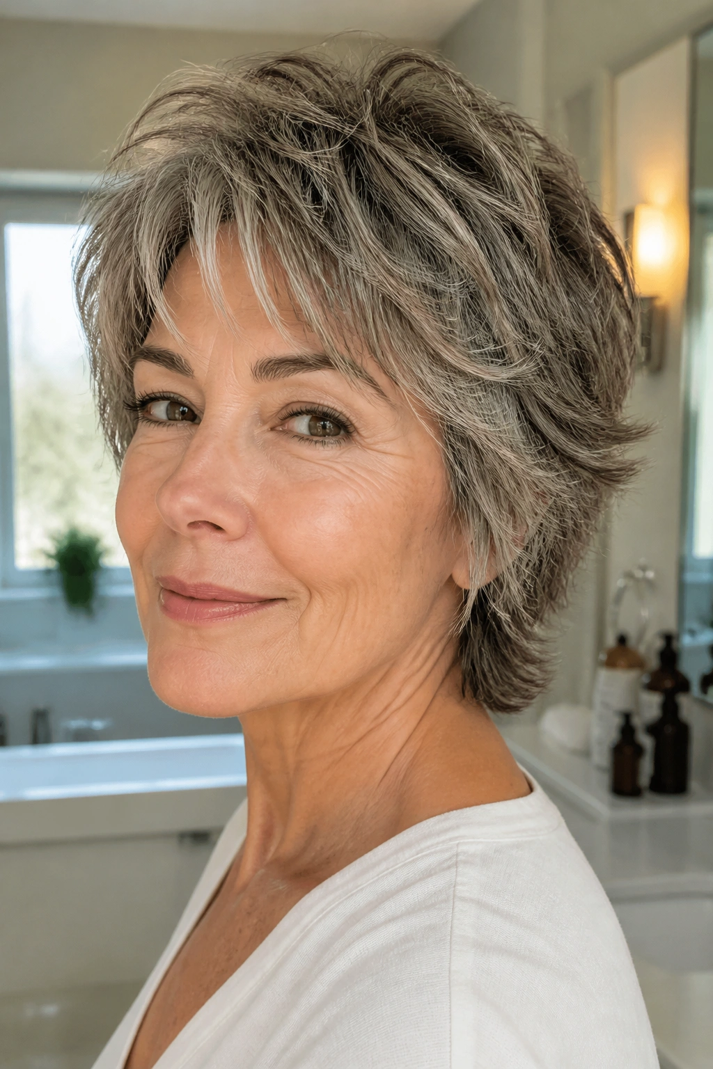 Close-up of a real woman with a short wash-and-go shag after shower