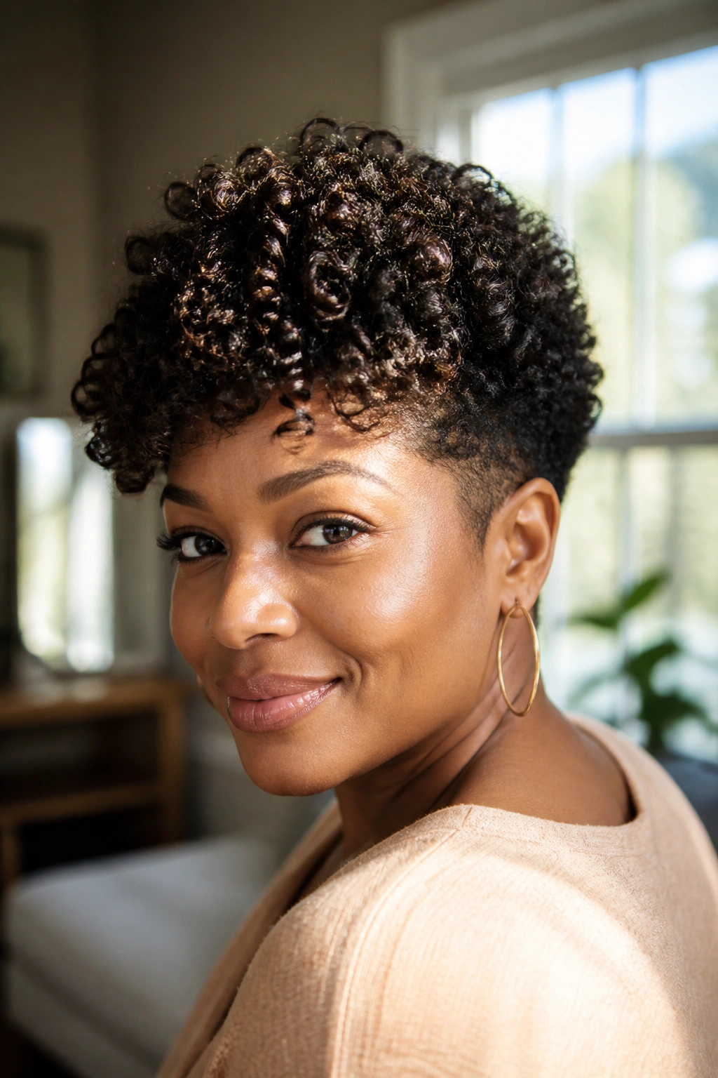 Close-up of a real woman with a tapered cut and defined wash-and-go curls.