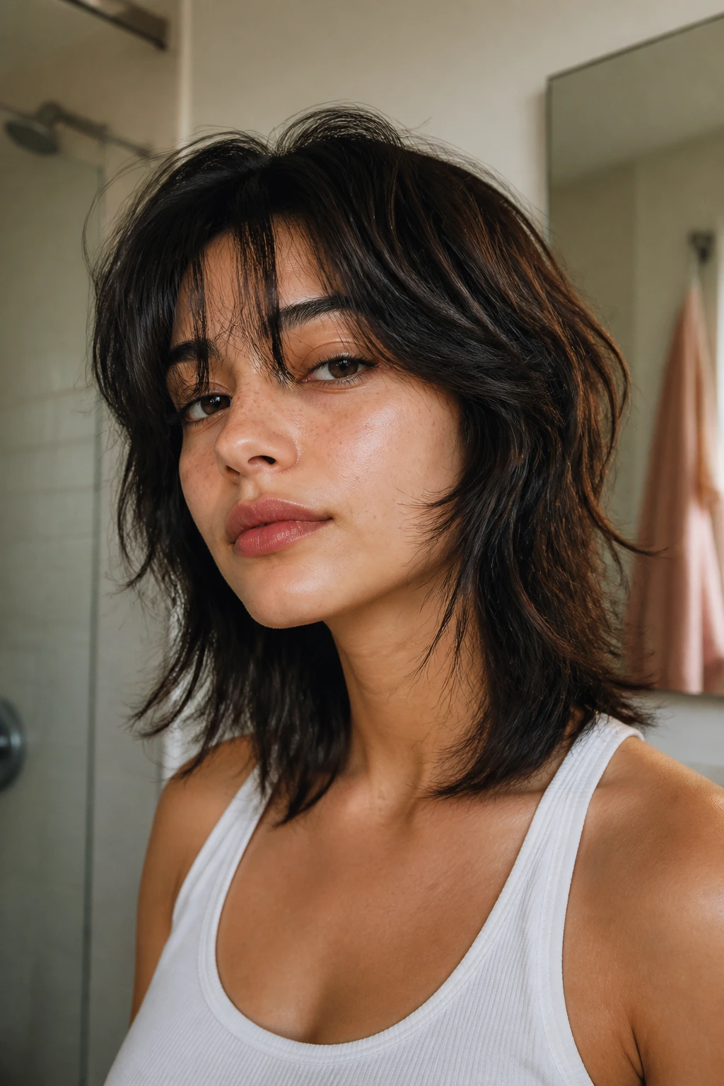 Close-up portrait of a real person with a wash-and-go wolf cut in soft bathroom light.