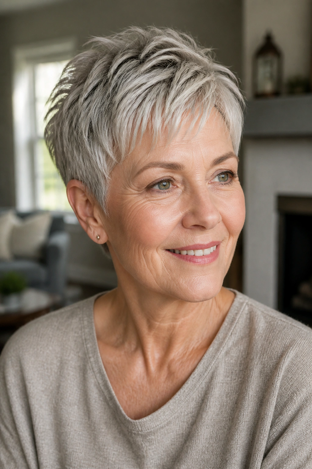 Close-up portrait of a real woman with a wash-and-wear crop and piecey layers in natural light