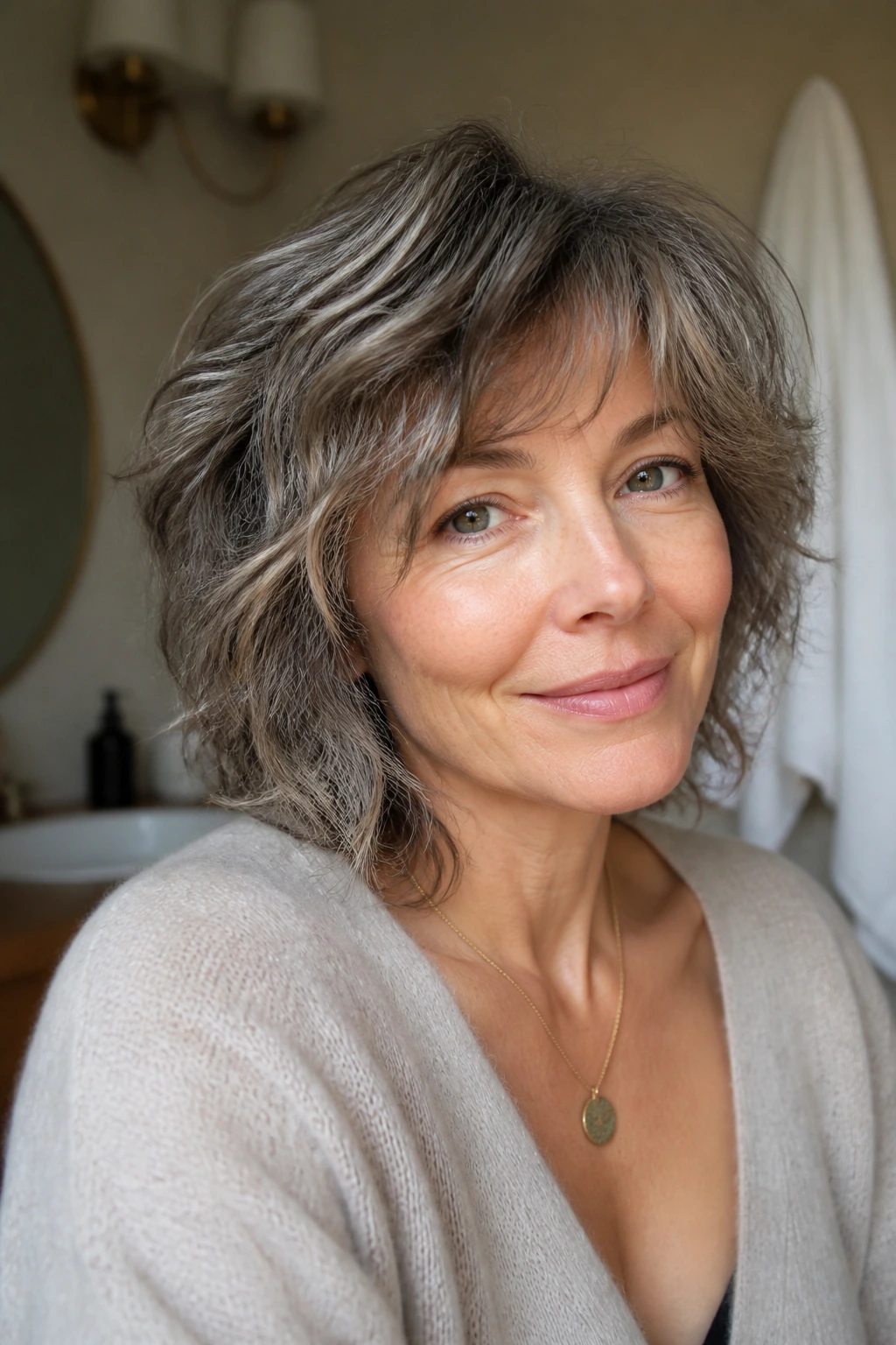 Close-up portrait of a real woman with natural-texture wash-and-wear cut in a softly lit home setting