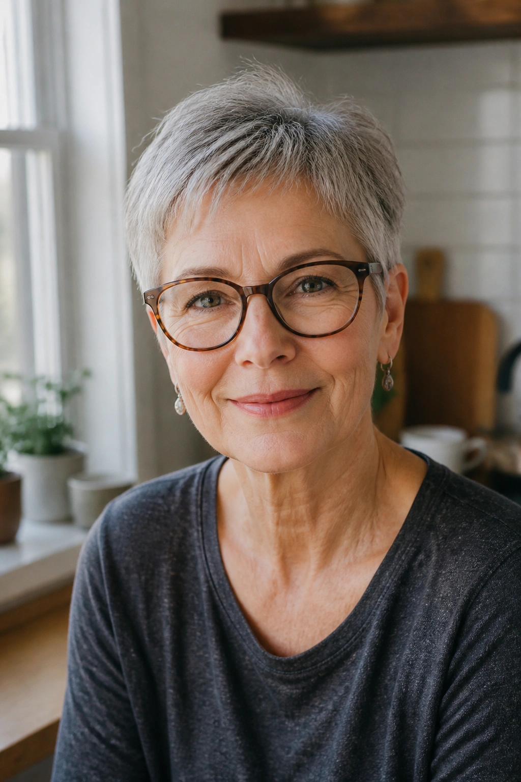 Portrait of a 60s woman with wash-and-wear crop, gray textured hair, natural kitchen light.