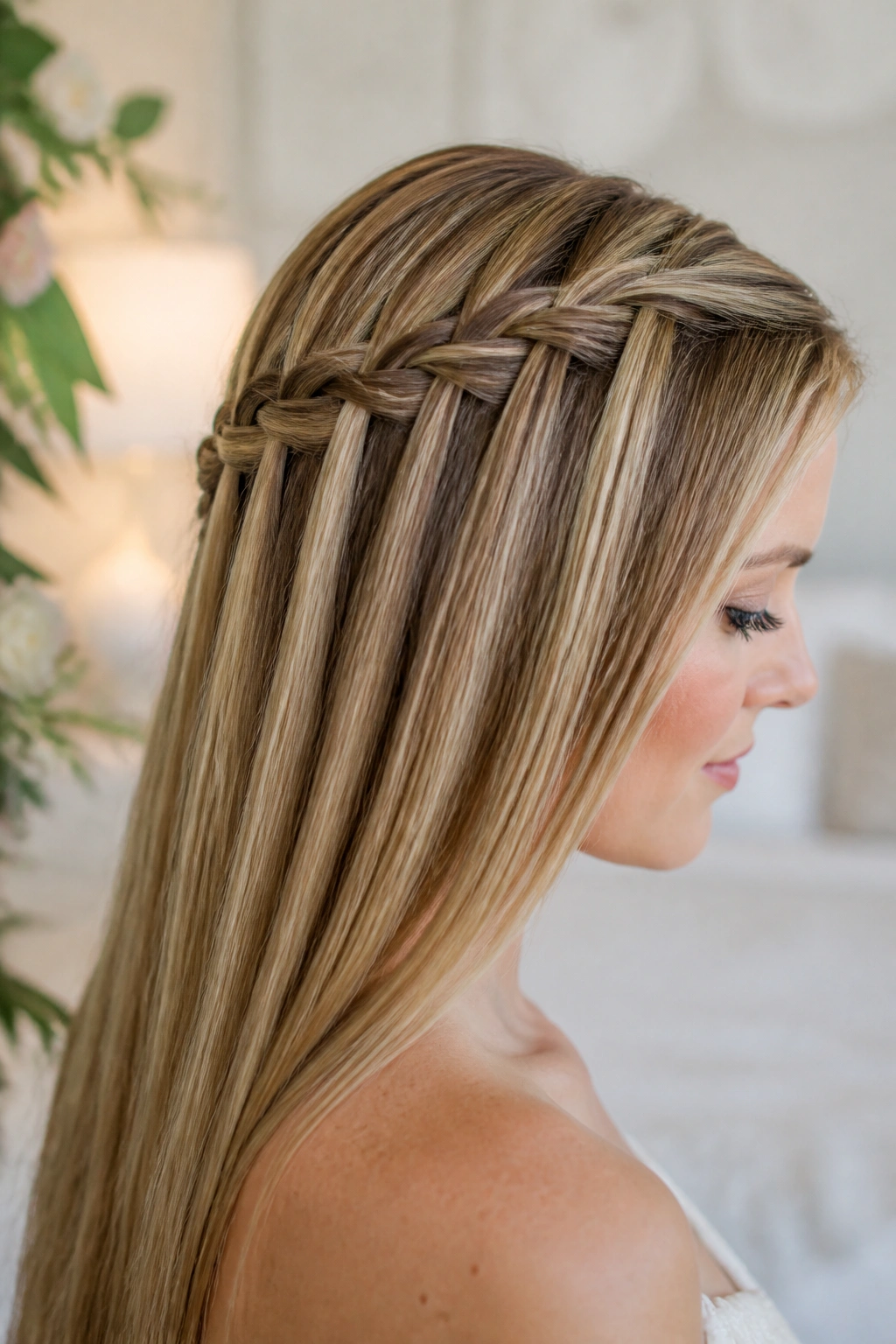 Bride side profile with waterfall braid accent along temple