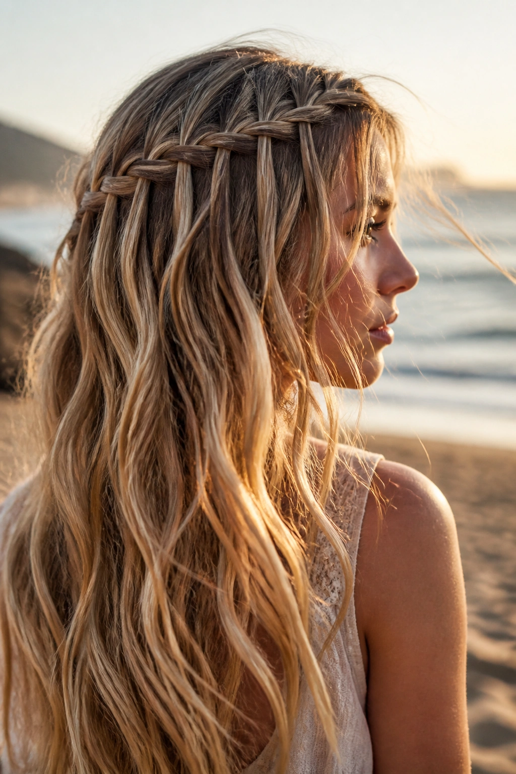 Close-up of a woman with a waterfall braid and beachy waves