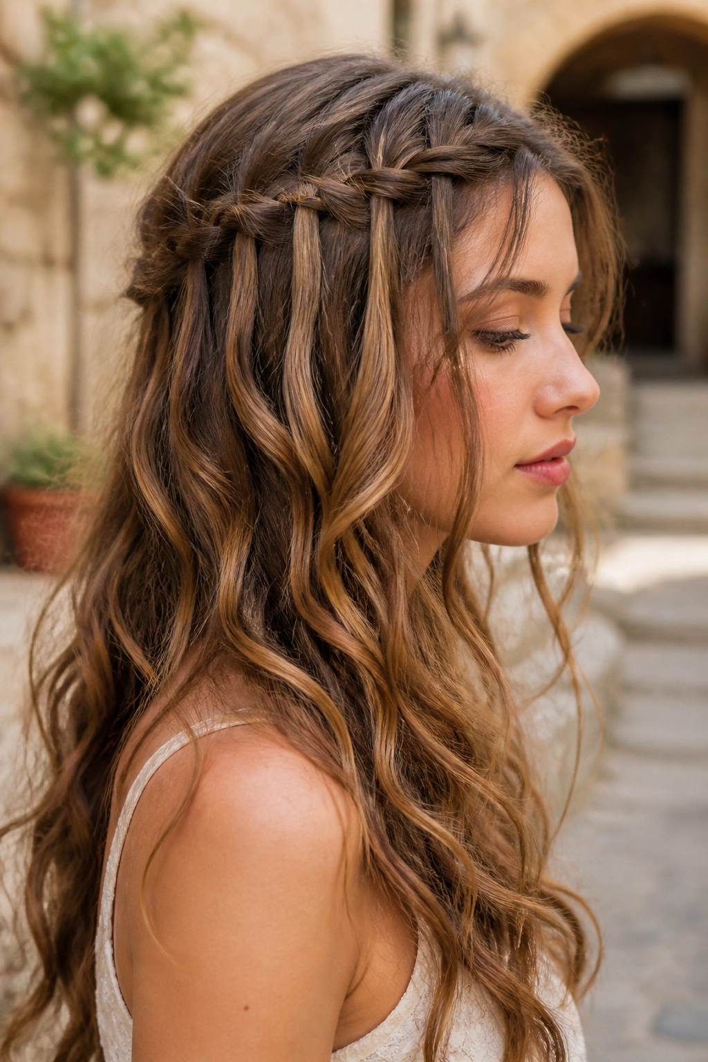 Close-up of a woman with a waterfall braid in sunlight