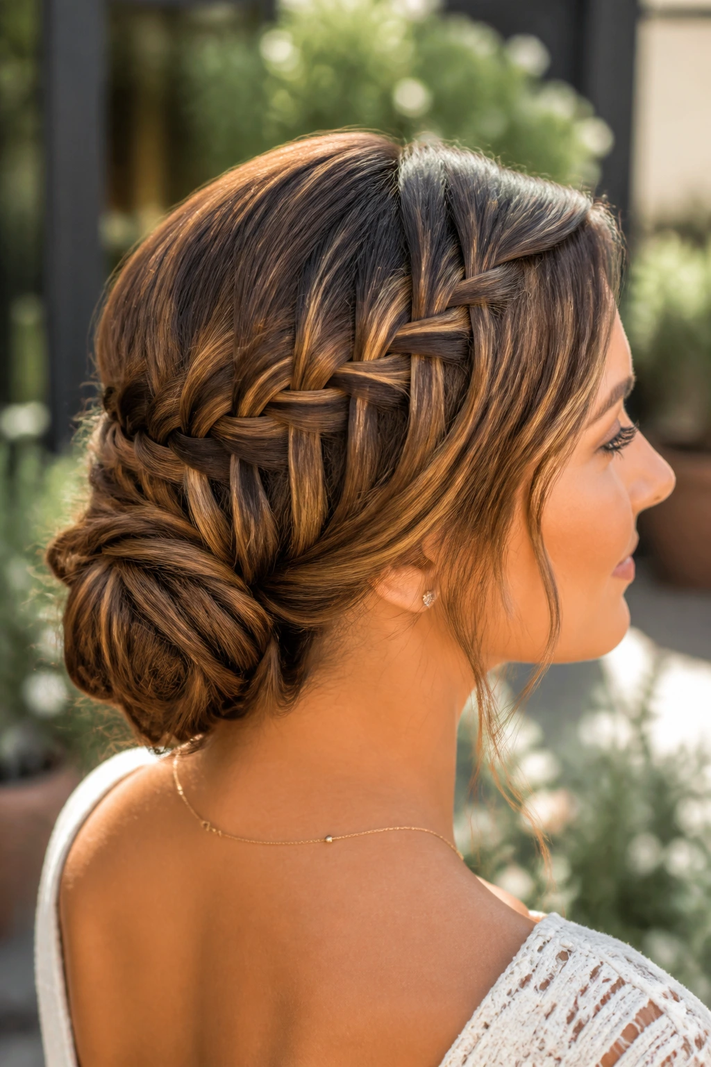 Portrait of a real woman with a waterfall braid integrated into a low bun