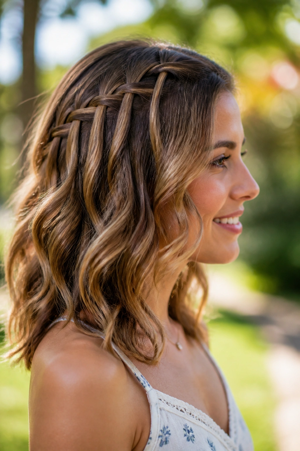 Side profile of a real person with a waterfall braid cascade and flowing waves