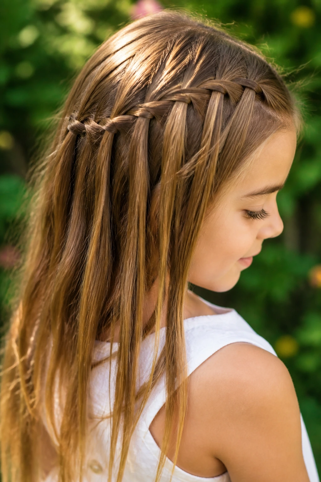 Close-up of a child with a waterfall braid along the crown