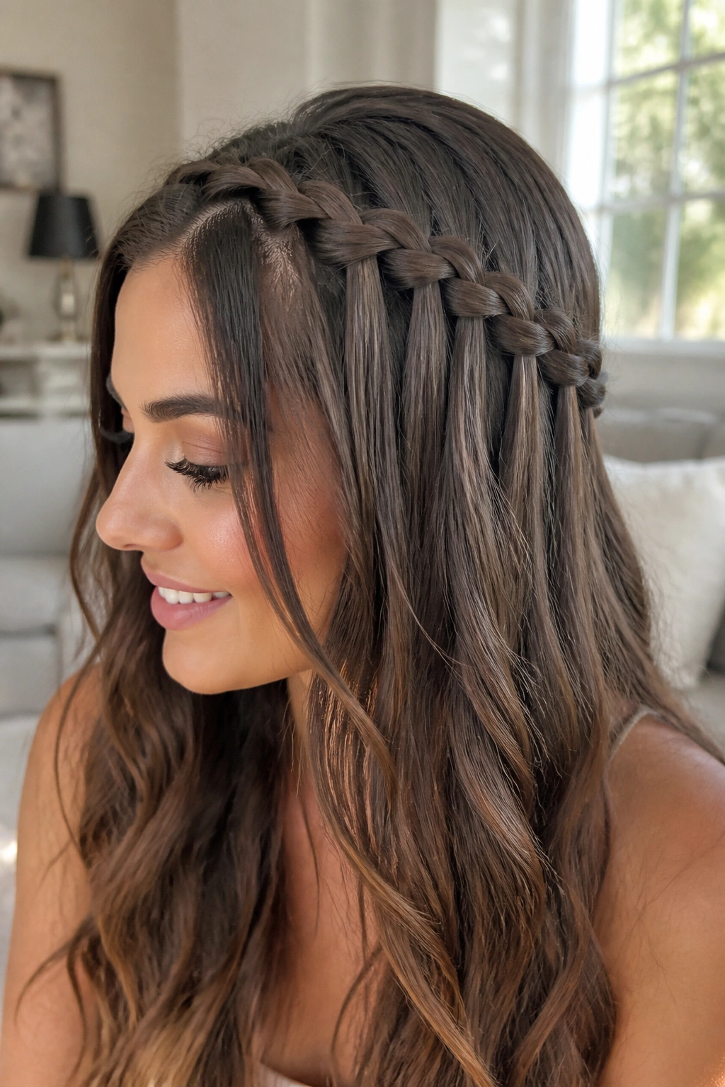 Close-up of real woman's waterfall braid across the crown with loose strands