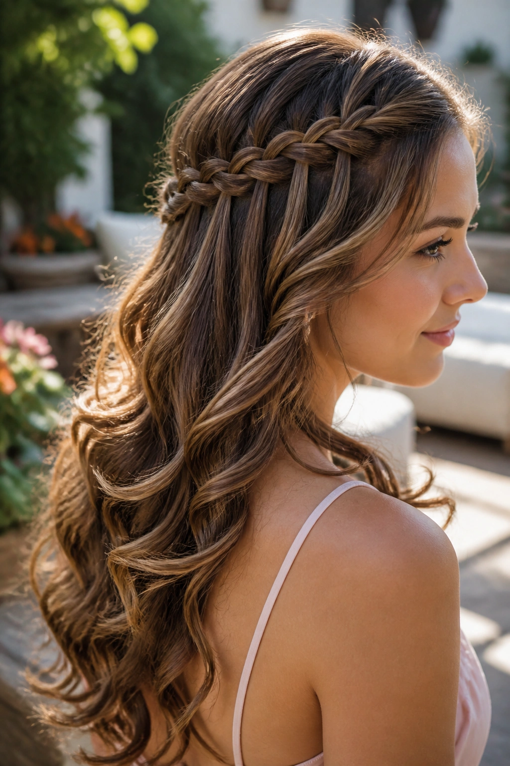 Close-up of a real woman with a waterfall braid and curls in a sunlit garden