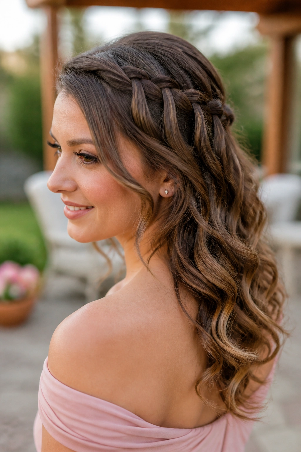 Close-up of a woman with a waterfall braid and loose curls
