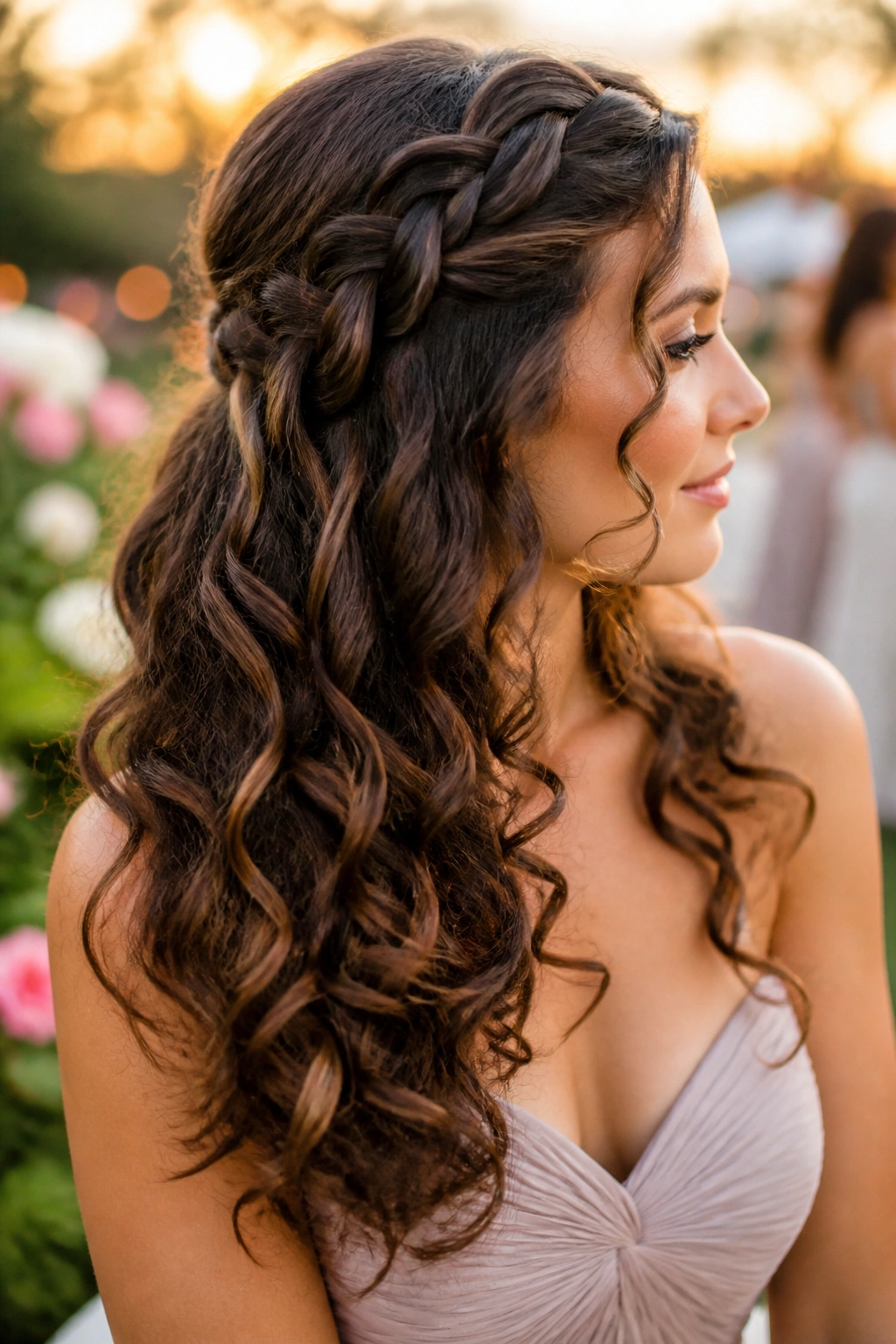 Close-up of a real woman's waterfall braid and cascading curls in an outdoor garden setting