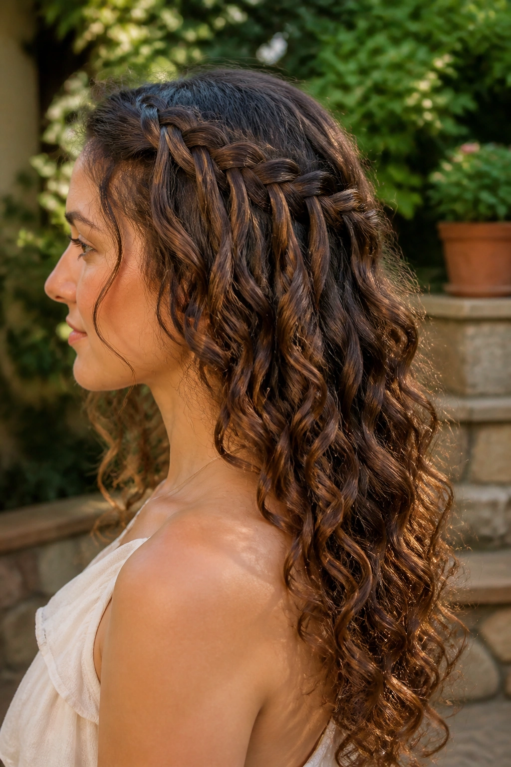 Side profile of a real woman with waterfall braid flowing into open curls