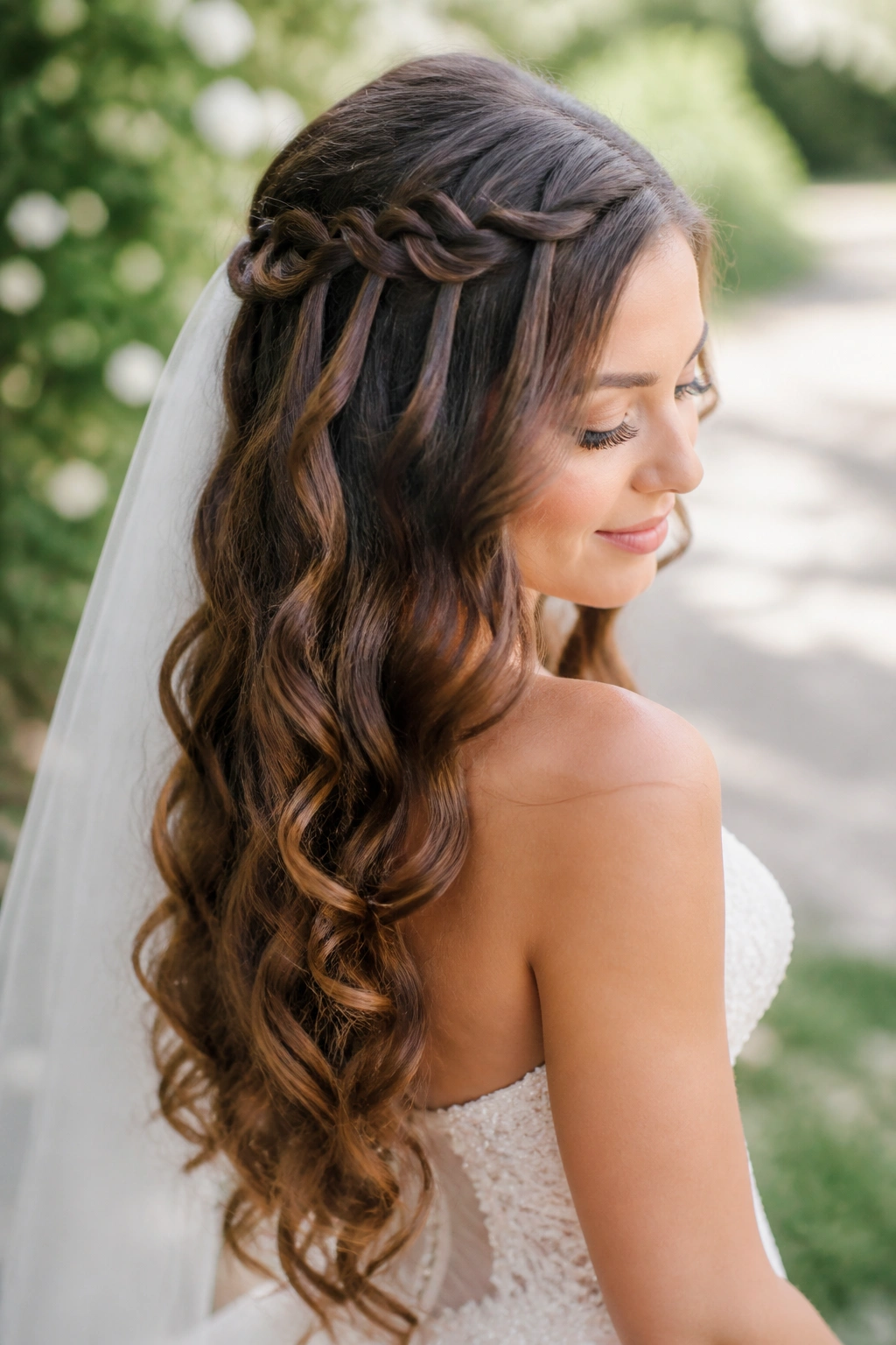Bride with waterfall braid and loose curls