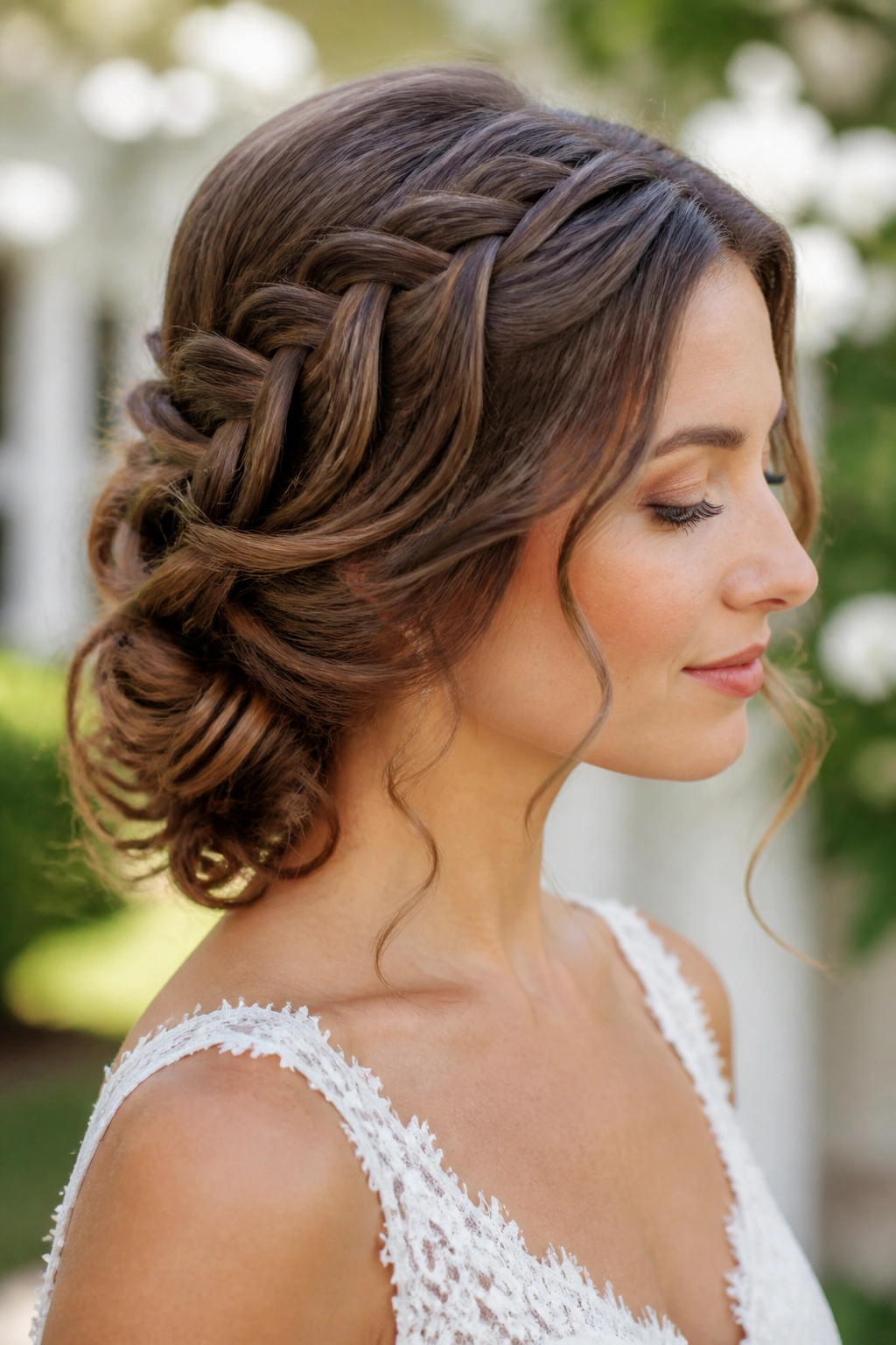 Bride with waterfall braid flowing into curly nape twist