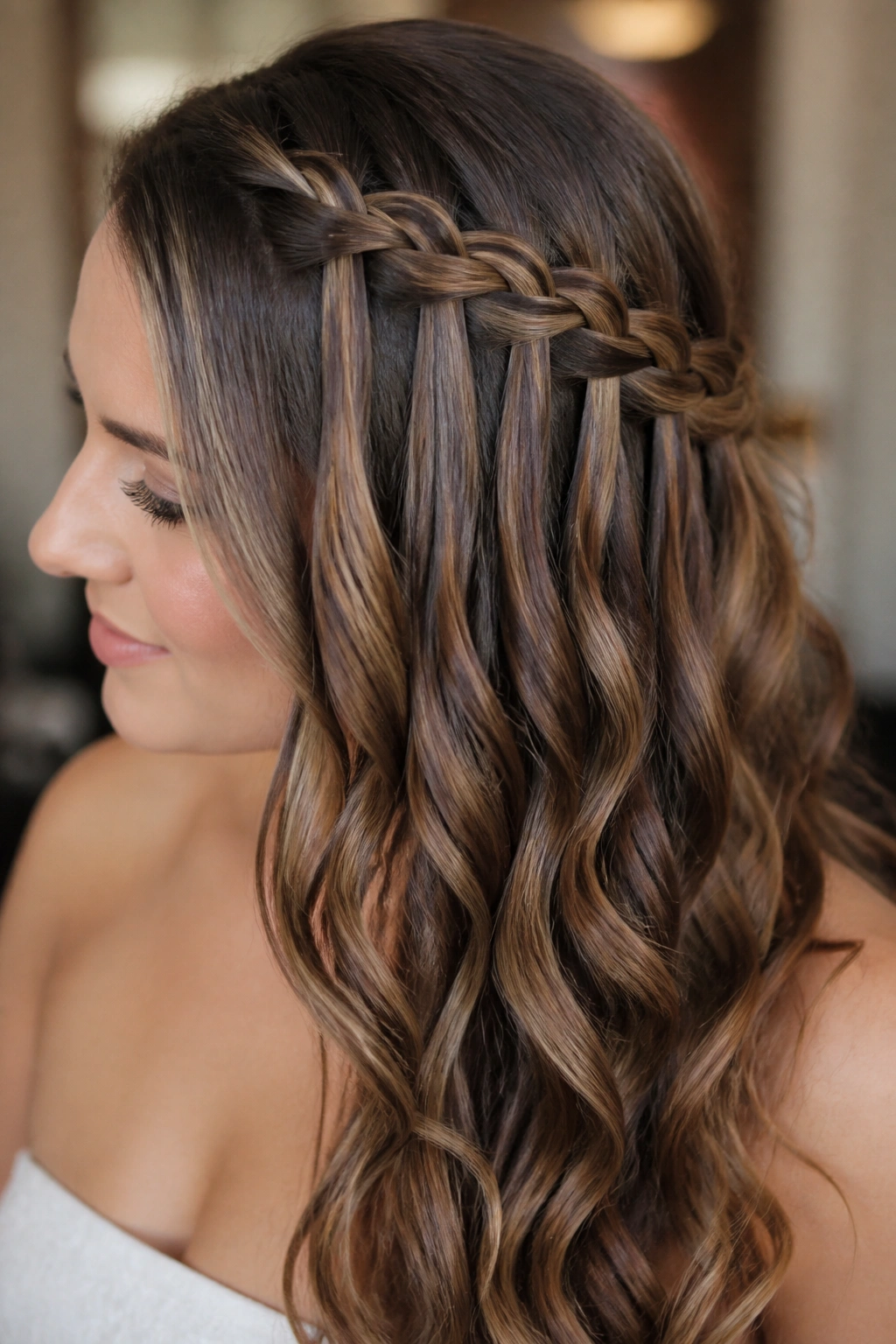 Close-up portrait of a real woman with a waterfall braid and soft curls