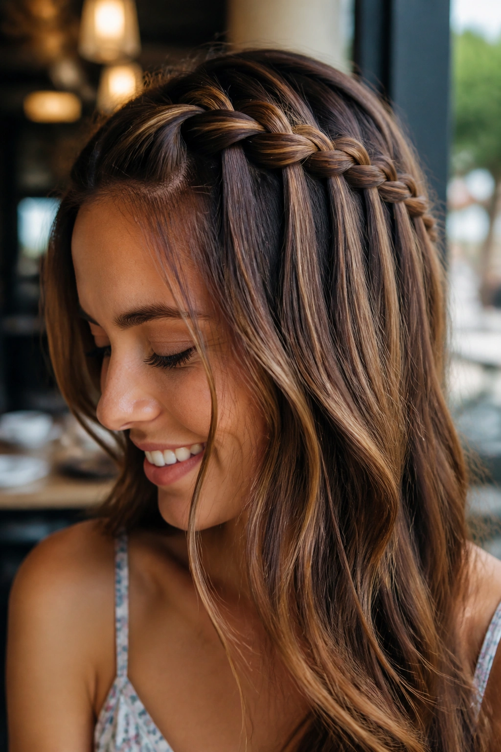 Waterfall braid with dropped strands along the side on a real woman
