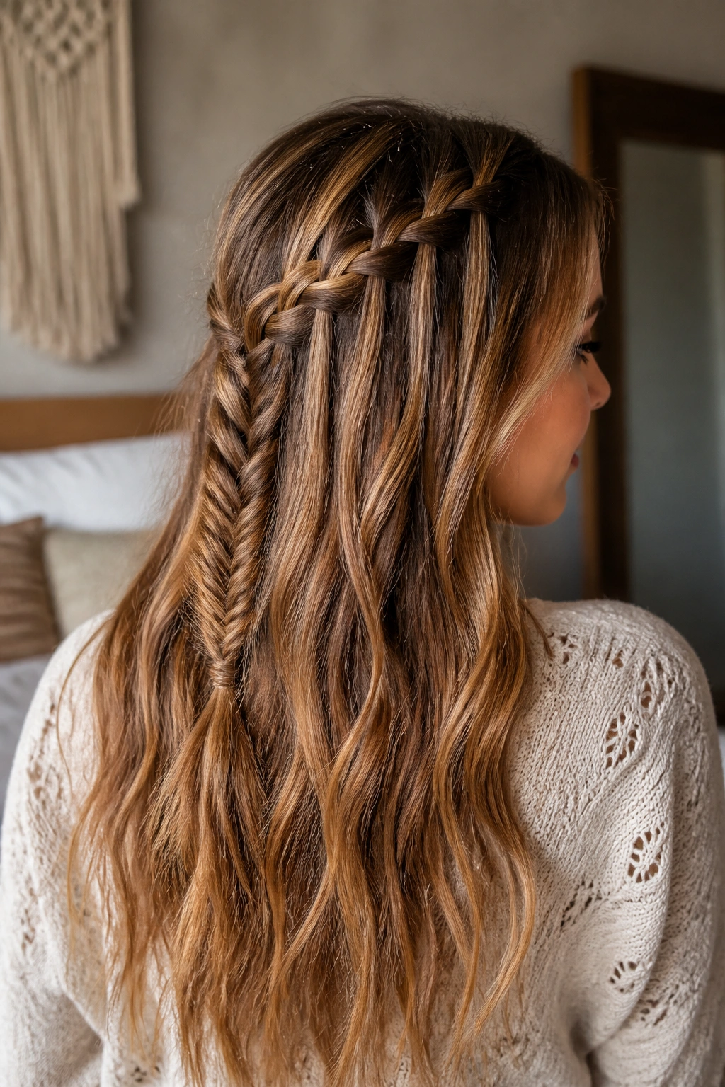 Close-up portrait of a real woman with a Waterfall Braid with Fishtail Ends showing airy crown and fishtail tail