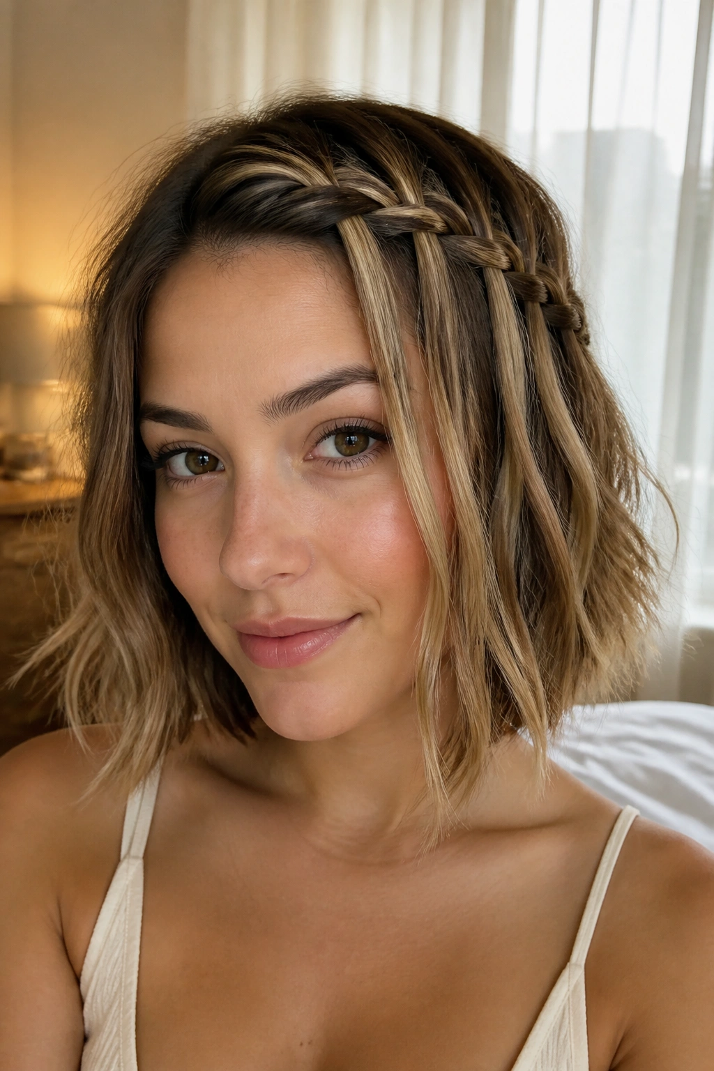 Close-up of a real woman with a waterfall braid across the front of a bob.
