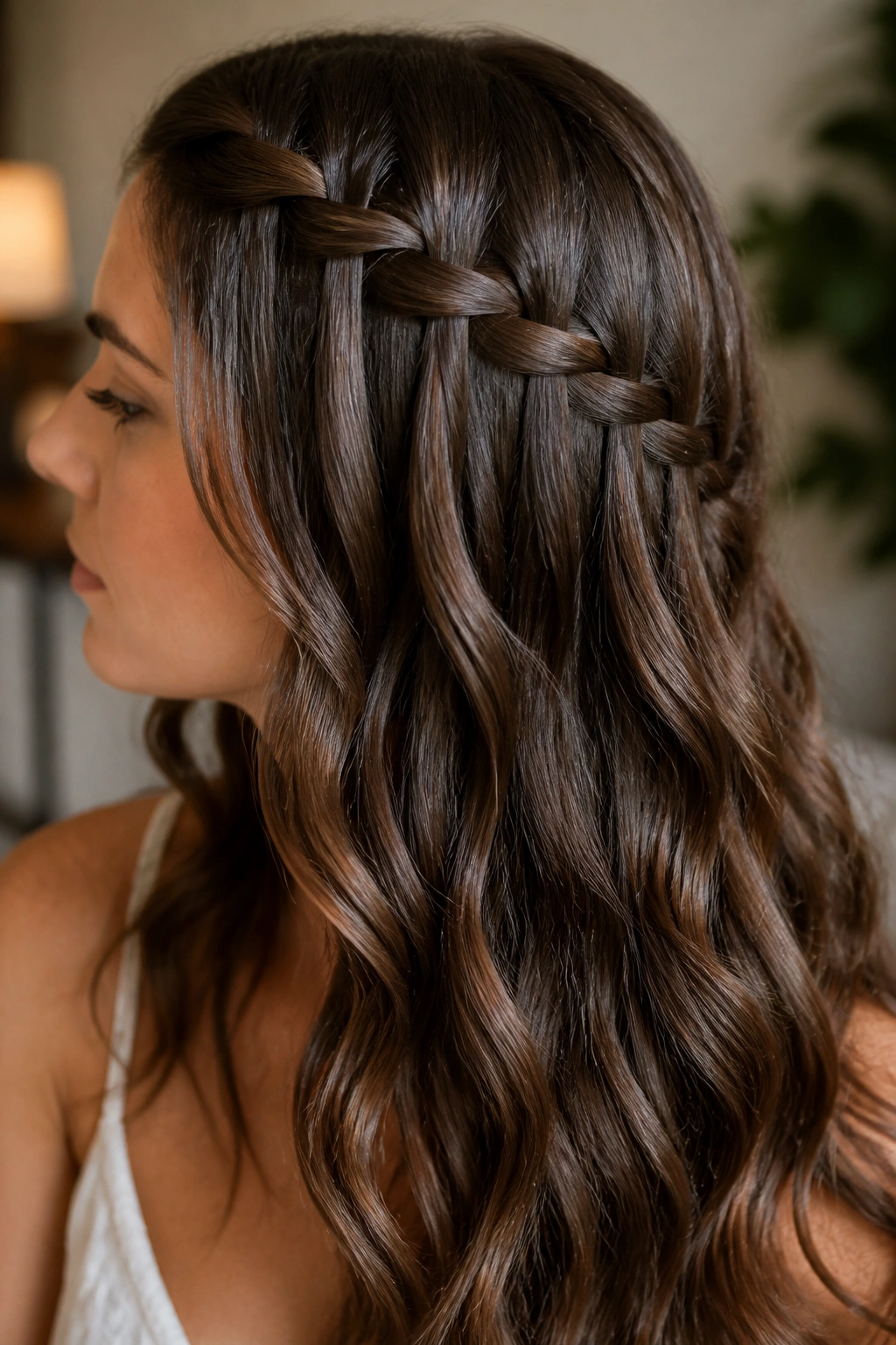 Portrait of a woman with a waterfall braid and glossy length hair in soft light.