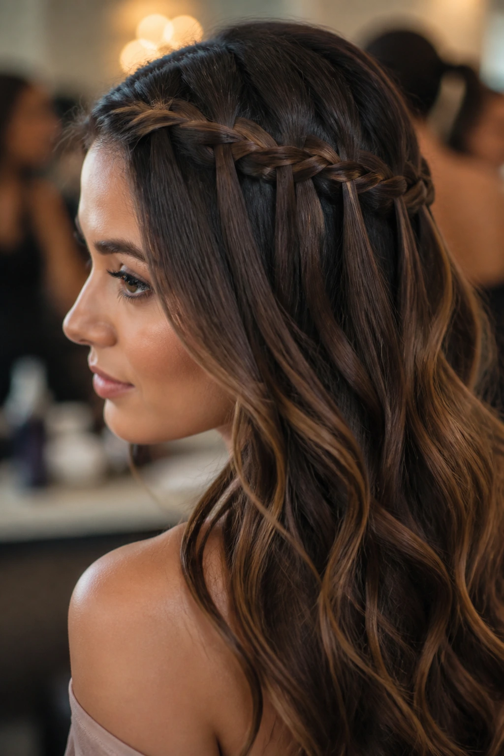Close-up of a real woman with a waterfall braid across the temple