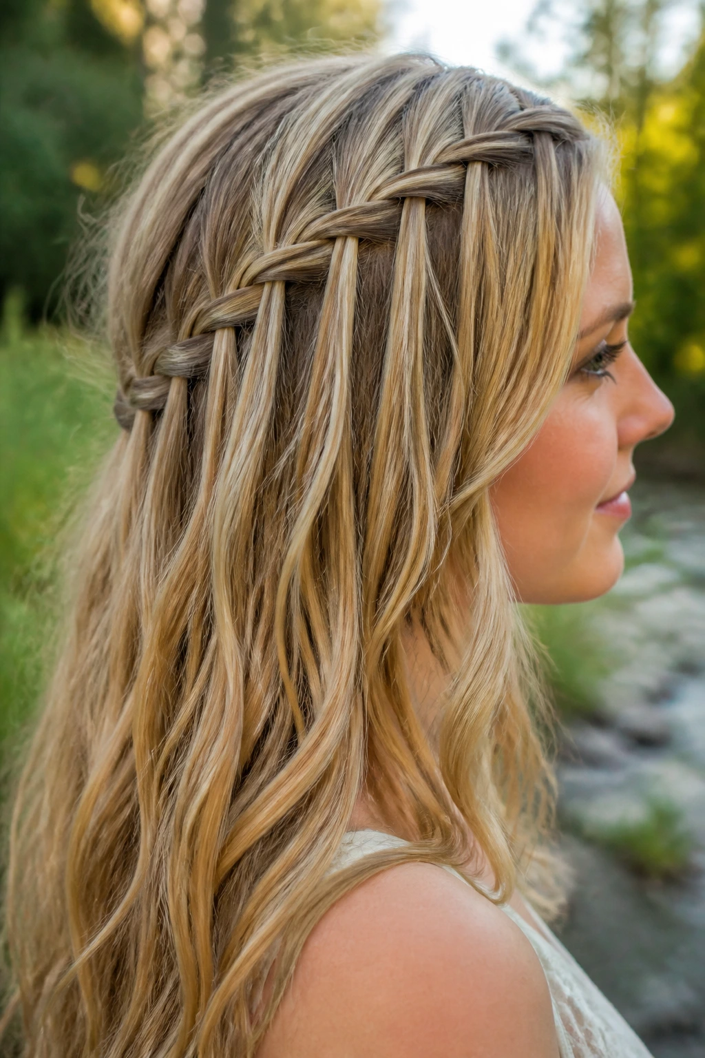 Side-profile of a real woman with a waterfall braid across the crown and cascading strands.