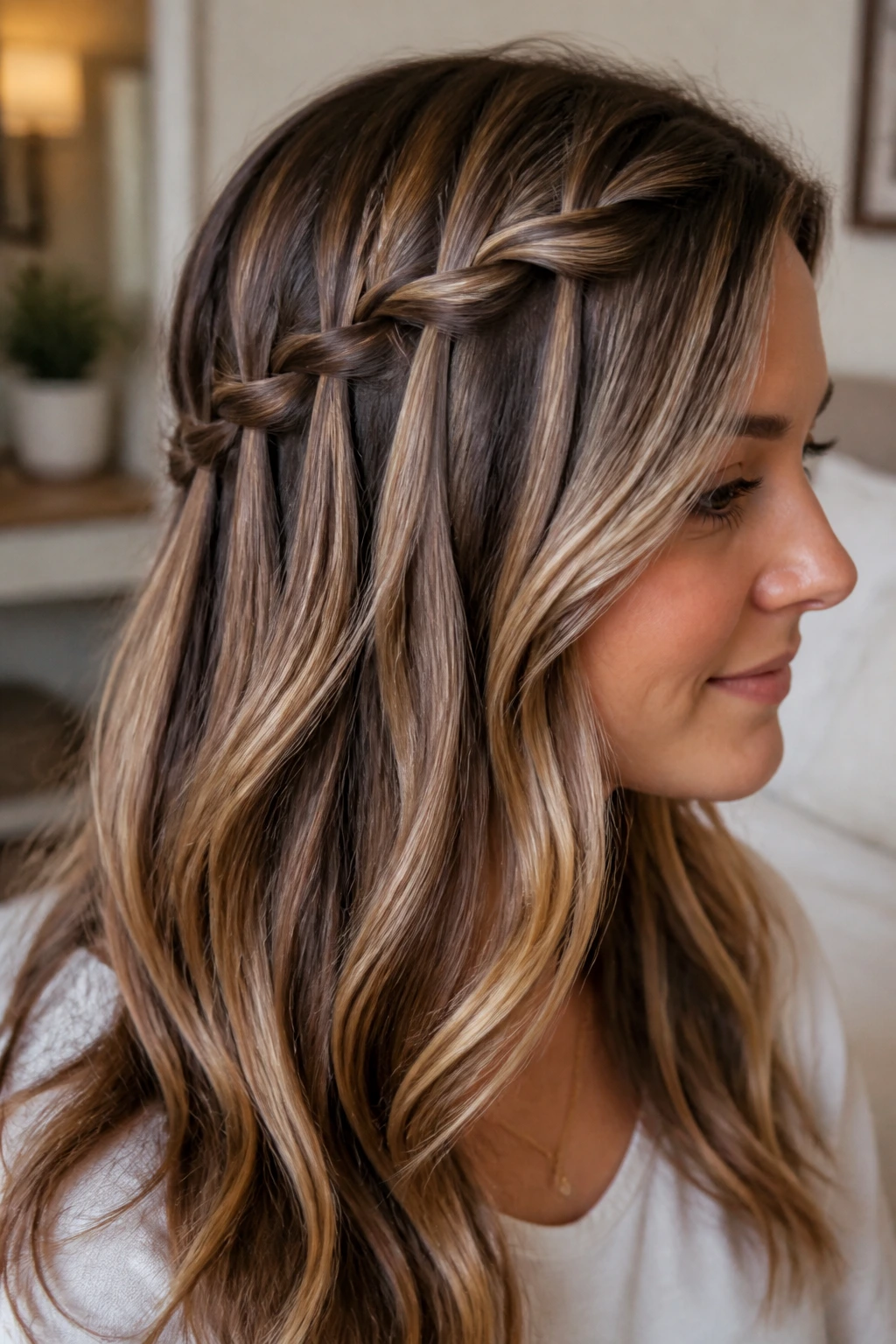 Real woman with a waterfall braid visible across the head