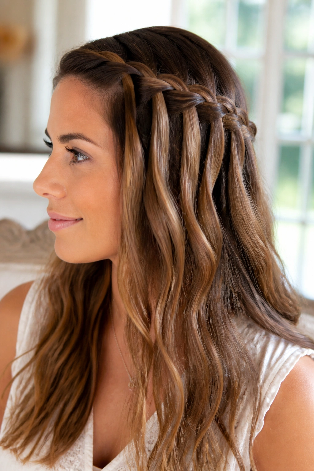 Close-up of a real woman with a waterfall braid along the hairline