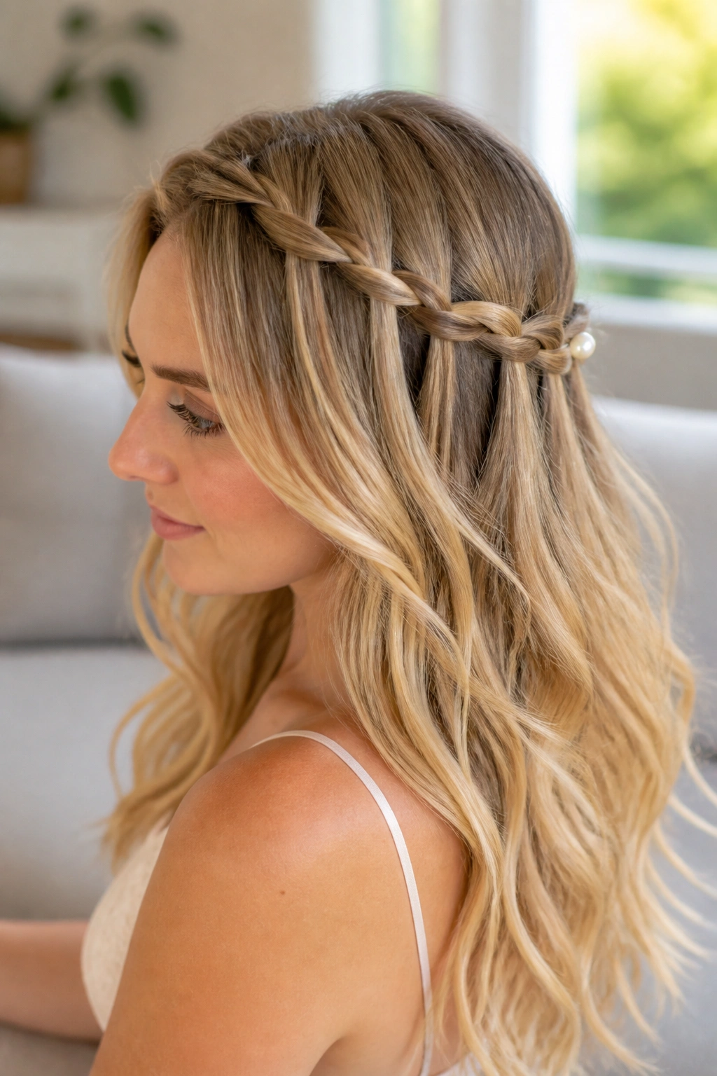 Close-up of a real woman with a waterfall braid half-up