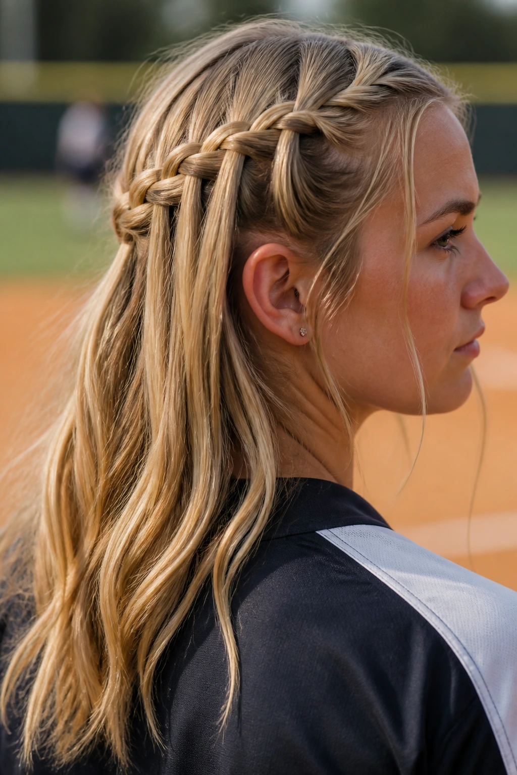 Close-up of a real athlete with a waterfall half-up braid