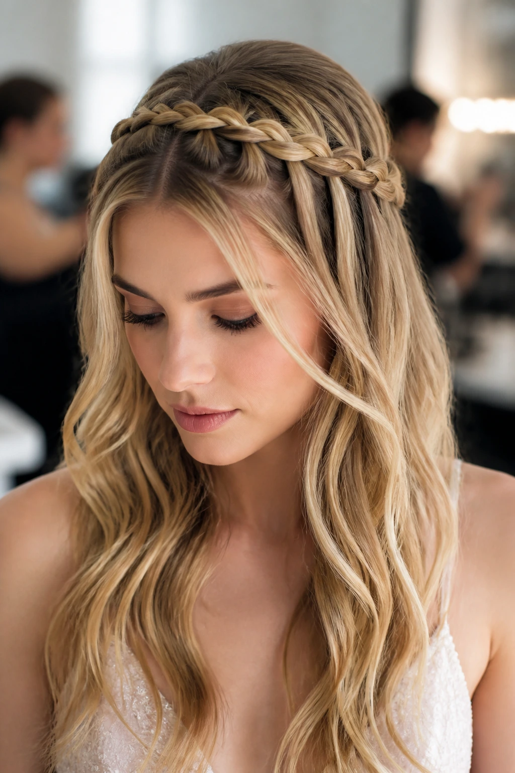 Close-up of a real woman with a waterfall braid across the head and loose strands beneath
