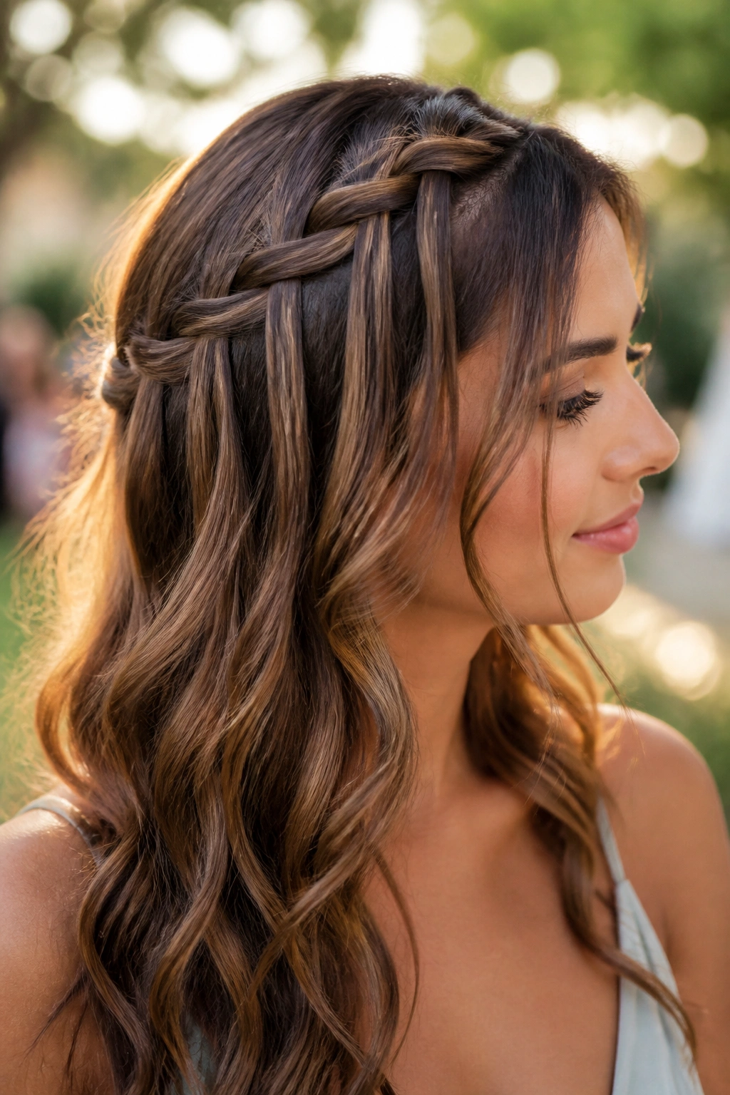 Woman with a loose waterfall braid across the head in a garden setting