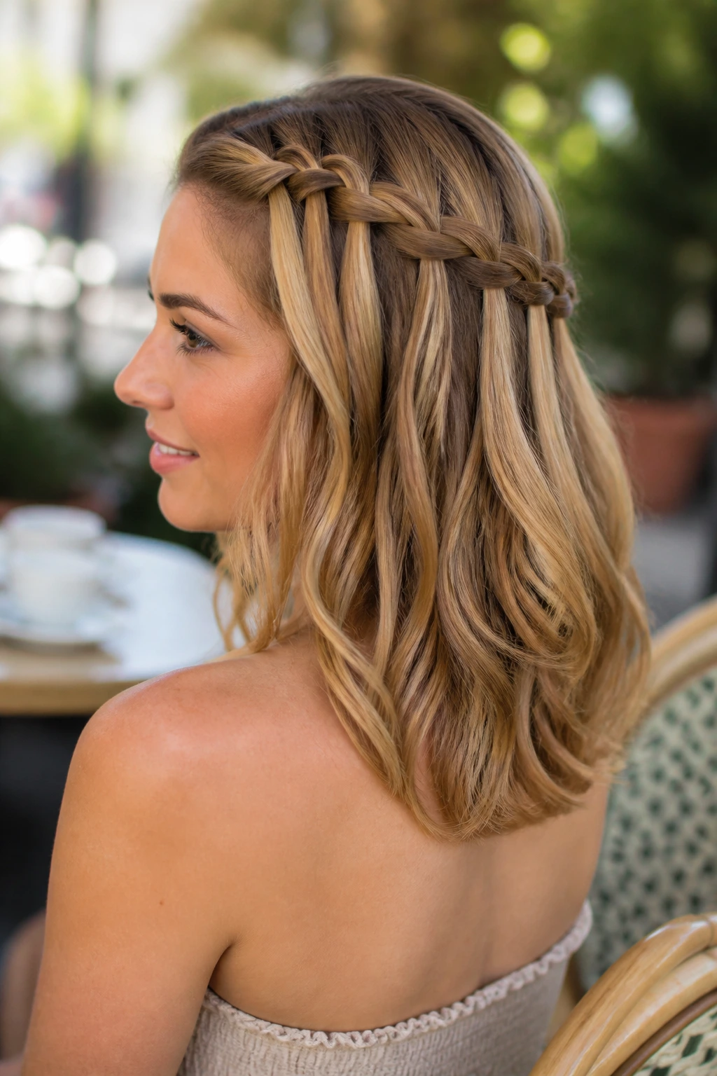Close-up of a real woman with a waterfall braid half-up in natural daylight
